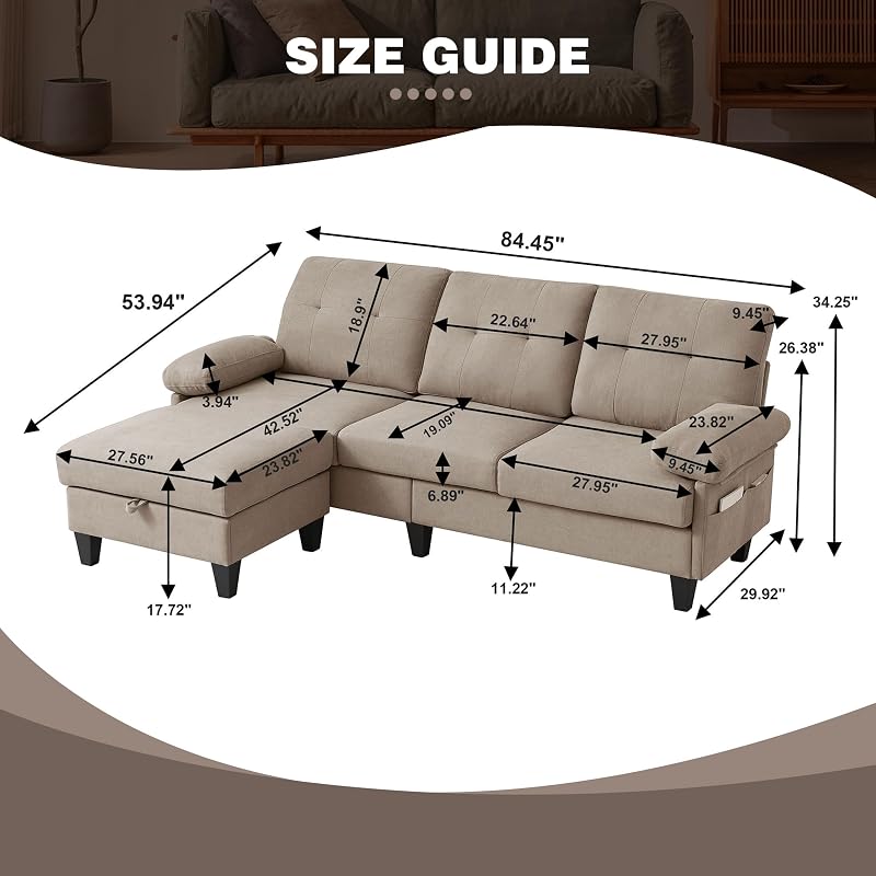 Soscana 84" Convertible Sectional Sofa, Modern Linen Fabric Small L Shaped Couch with Reversible Chaise, 3-Seat Sofa Couches for Living Room, Apartment and Small Space,Beige image 2