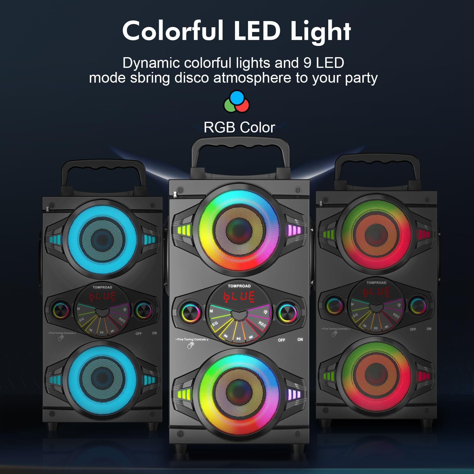 Altoparlanti Bluetooth portatili da 60 W, potenti, senza fili, suono forte, stereo, bassi, boombox, casa e feste, con subwoofer, radio FM, luci LED colorate (nero)