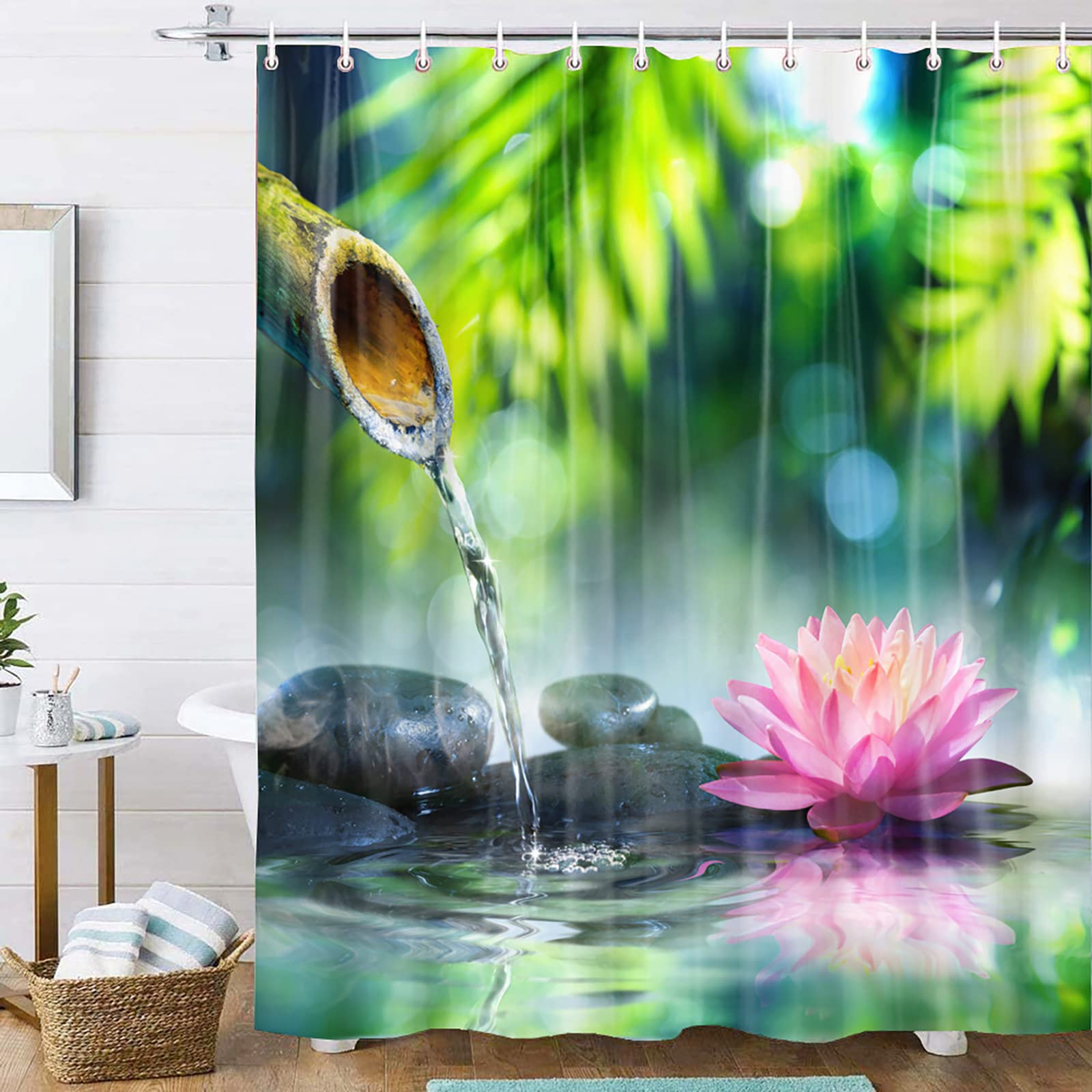OCEUMACO 3D Shower Curtain Wet Room Zen Shower Curtains Bathroom Bamboo Floral Bath Curtain Mould Proof Resistant Washable 240 x 200 cm Waterproof Polyester Fabric with Hooks - Green Pink โ image 1
