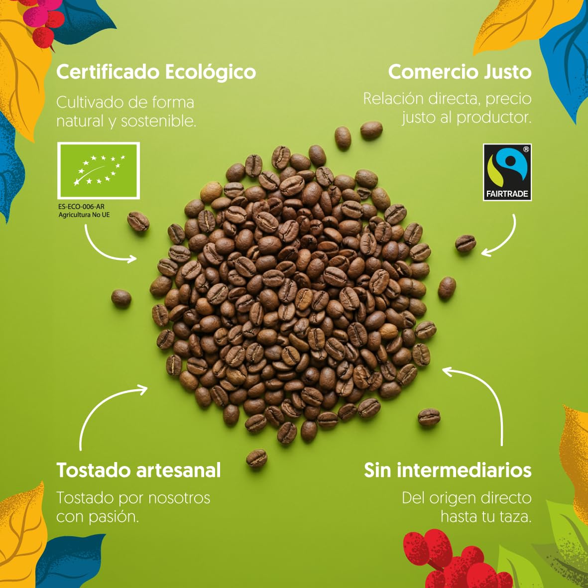 EBOCA Café en Grano Ecológico 1kg (2x500g) – 100% Arábica de Especialidad, Origen Colombia, Comercio Justo (Fairtrade), Tostado Artesanal en Huesca, Tueste Medio para Espresso y Filtro