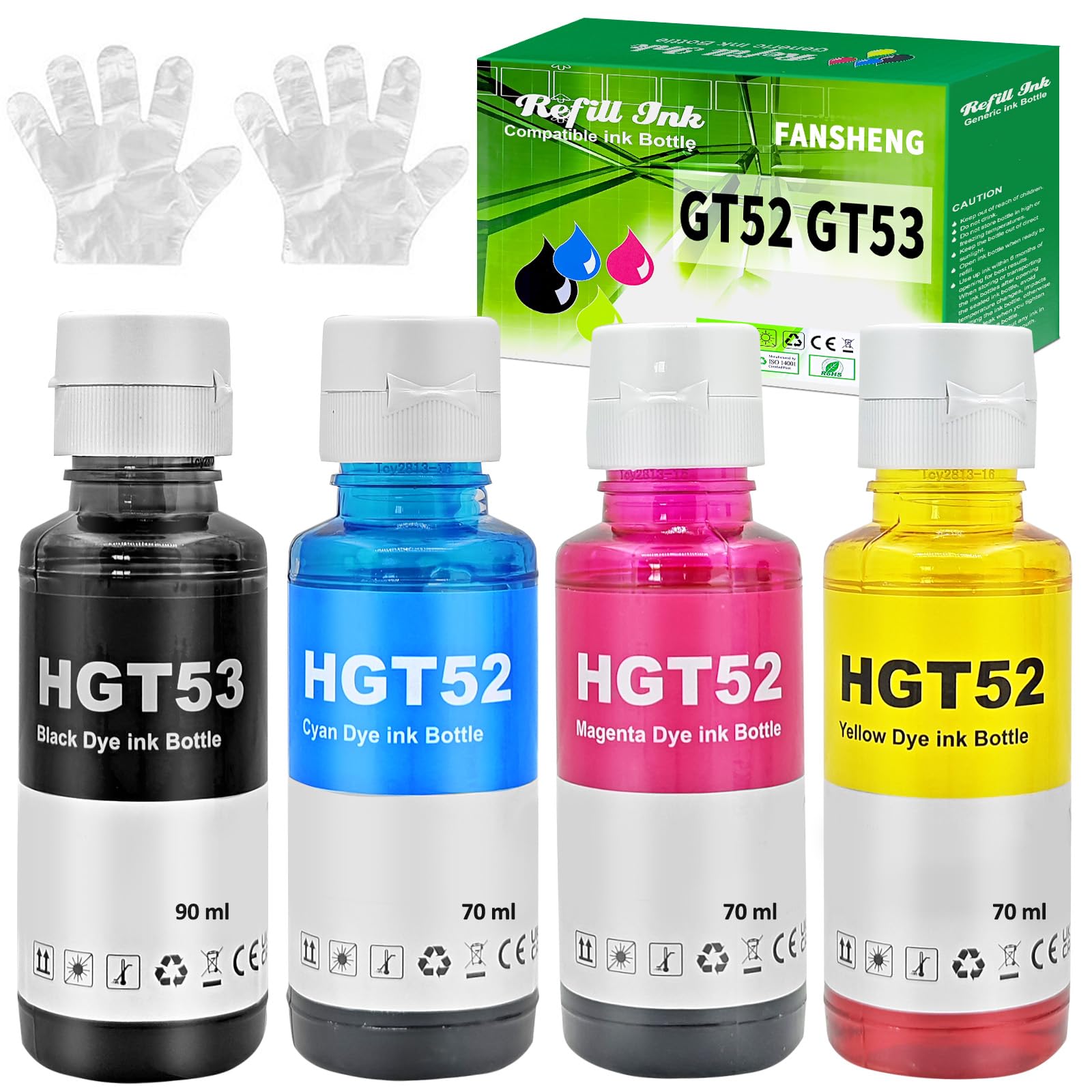 Lot de 4 flacons d'encre Combo GT52 (BK C M Y), GT53 amélioré modèle 5810 5820 5820 315 série tout-en-un Deskjet modèles 5800 M0H54AL, M0H55AL, M0H56AL, 1VV22AL Original