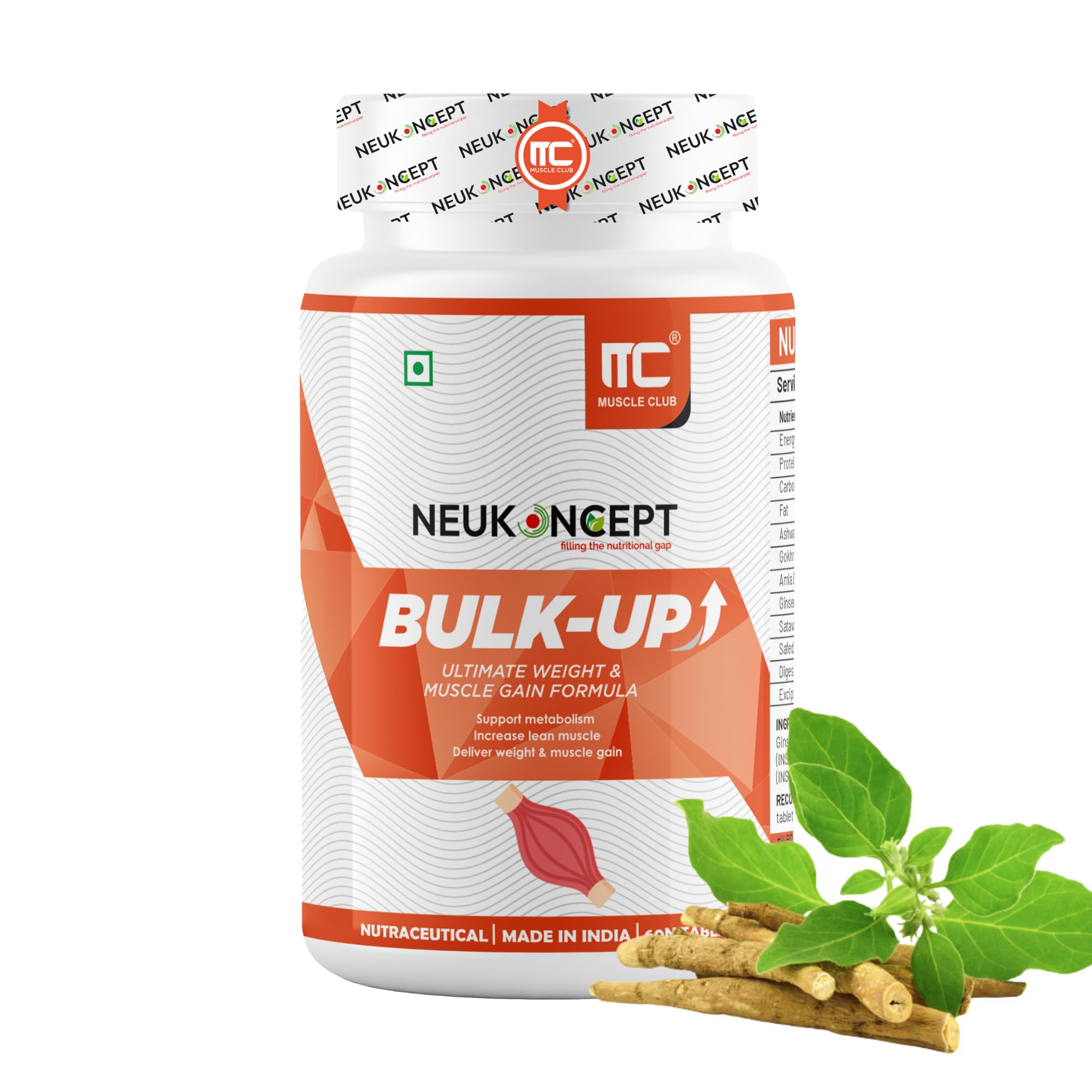 MuscleClub Neukoncept Bulk-Up | 60 Tabs - Helps in Weight Gain | Ayurvedic Muscle Gainer for Digestion & Muscle Mass | Blend of herbs with Ashwagandha, Satavari & Digestive Enzyme