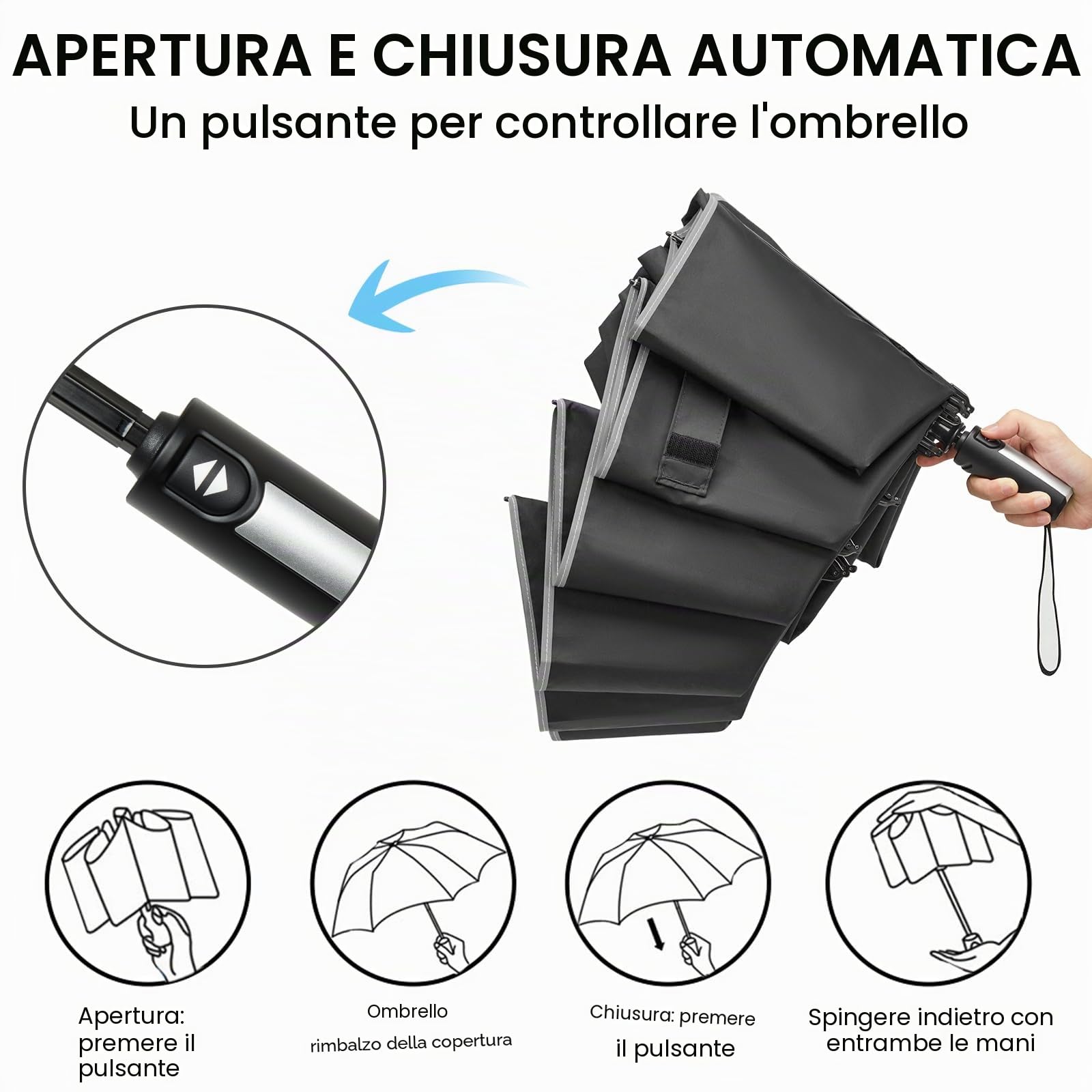 G4Free Ombrello pieghevole da 157 cm, con striscia riflettente, 10 stecche, grande, da viaggio, compatto, invertito, antivento, doppia copertura, apertura automatica e chiusura