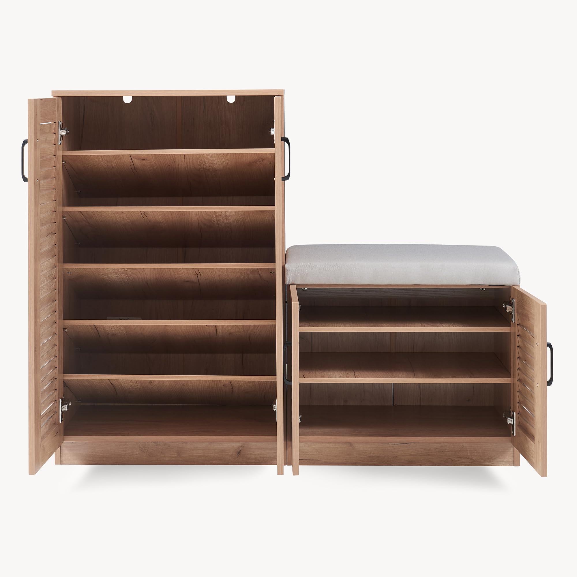 [en.casa] Schuhschrank Løten Schuhregal mit 4 Türen und 9 Ablagen Schuhablage 120 x 36 x 97 cm bis zu 18 Paar Schuhe mit gepolsterter Sitzbank Schuhaufbewahrung Eicheoptik