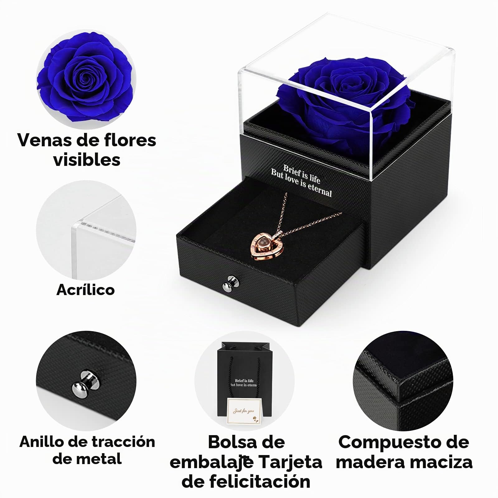 ADAZ Rosa Eterna con Collar, Flores Preservadas Hecha a Mano, Regalos Originales para Mujer, Día de la Madre, Regalo Navidad, Regalo San Valentin Mujer Novia Mamá