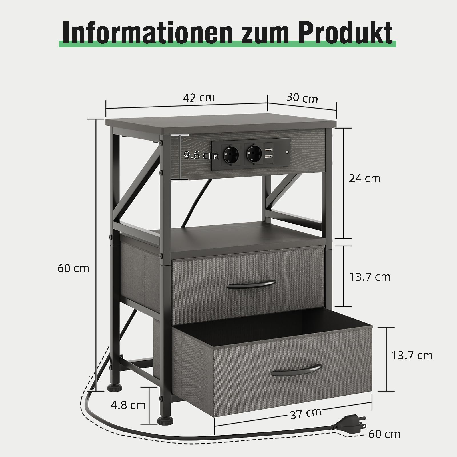 MUTUN Nachttische mit Steckdose, Beistelltisch mit Schublade & Ladefunktion, Nachttische mit 3 AC-Anschlüsse & 2 USB-Anschlüssen, Grau
