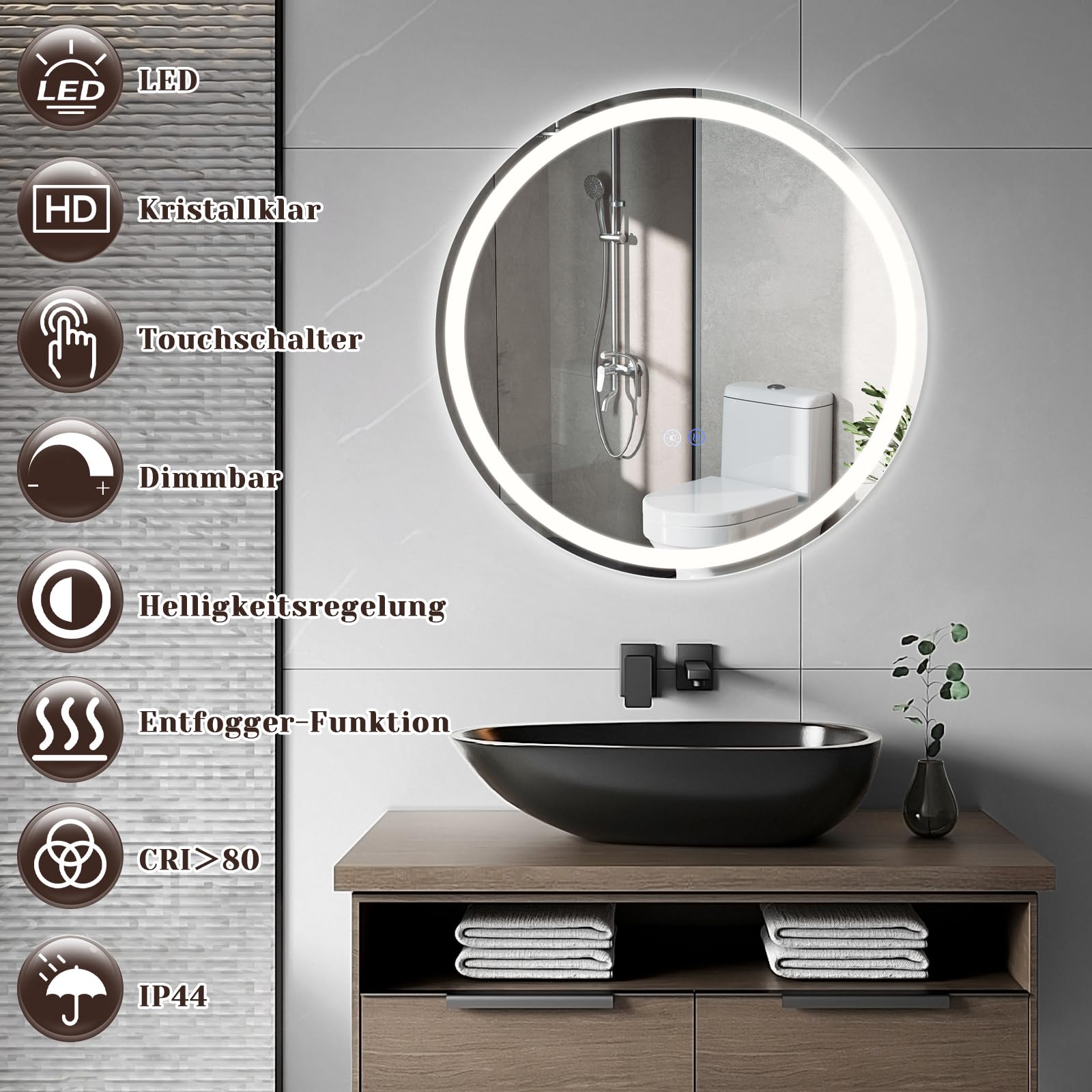 Rund Badspiegel Mit Beleuchtung - LED Bad Wand Spiegel Badezimmer Wandspiegel Mit Licht, IP44 50 cm Runder Badezimmerspiegel Bathroom Mirror Mit Beleuchtet und Entfogger-Funktion