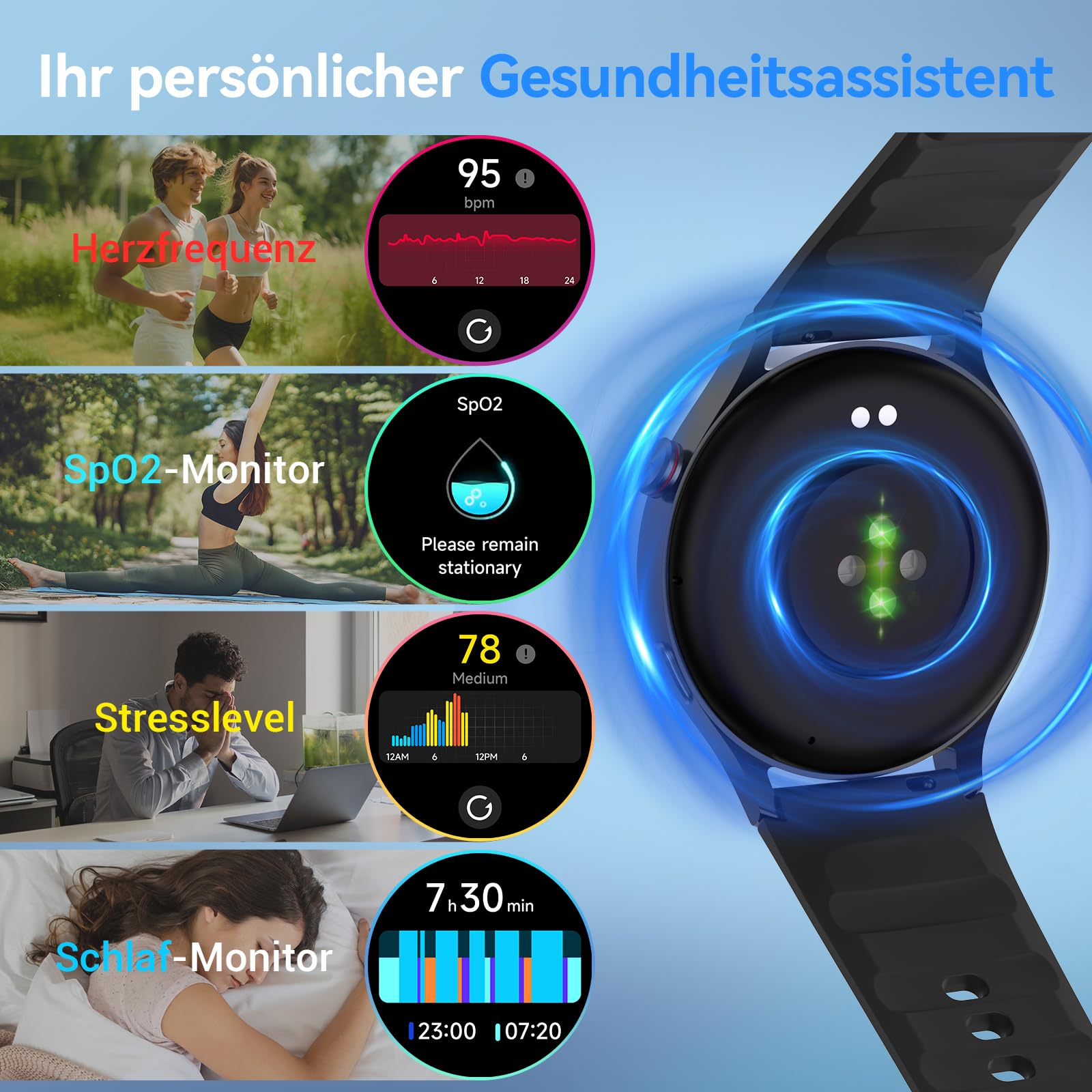 Smartwatch Herren Rund mit Telefonfunktion 1.32" AMOLED Display Fitnessuhr 110+ Sportmodi 3ATM Schrittzähler Pulsmesser SpO2 Schlafmonitor Schwarz