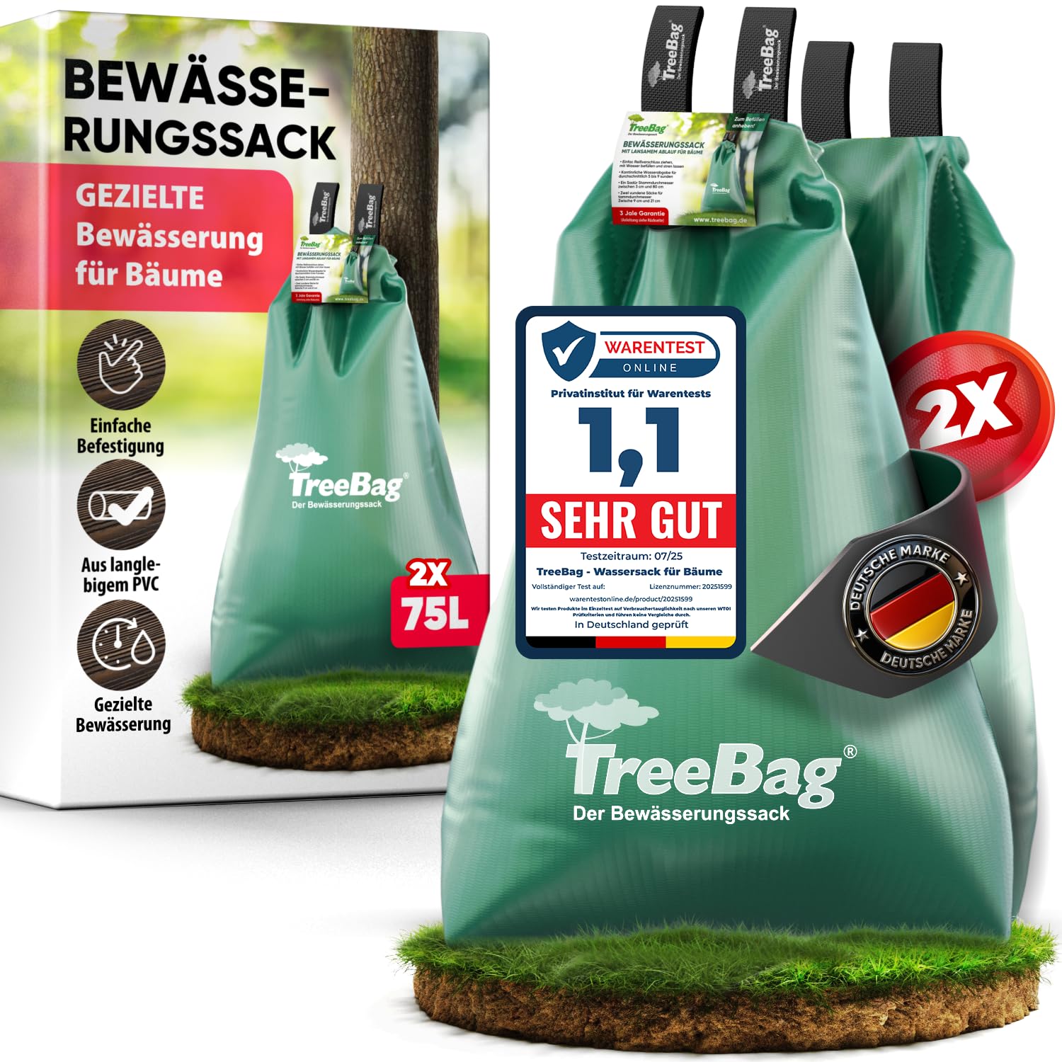 treebag PVC Bewässerungssack, Bewässerungsbeutel/Wassersack/Bewässerungssystem für Bäume, uv-stabile und verstärkte Glatte Polyvinylchloridfolie, 92x86 cm, ca. 75l, Farbe: Grün