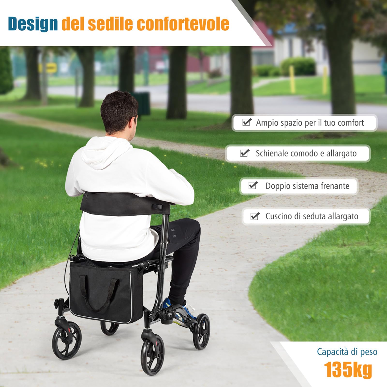 COSTWAY Deambulatore Pieghevole per Anziani Ultraleggero, con Sedile Borsa da Spesa e 4 Ruote Freno a Mano, Rollator Altezza Regolabile, Capacità 136kg, Lega di Alluminio, Nero (Nero)