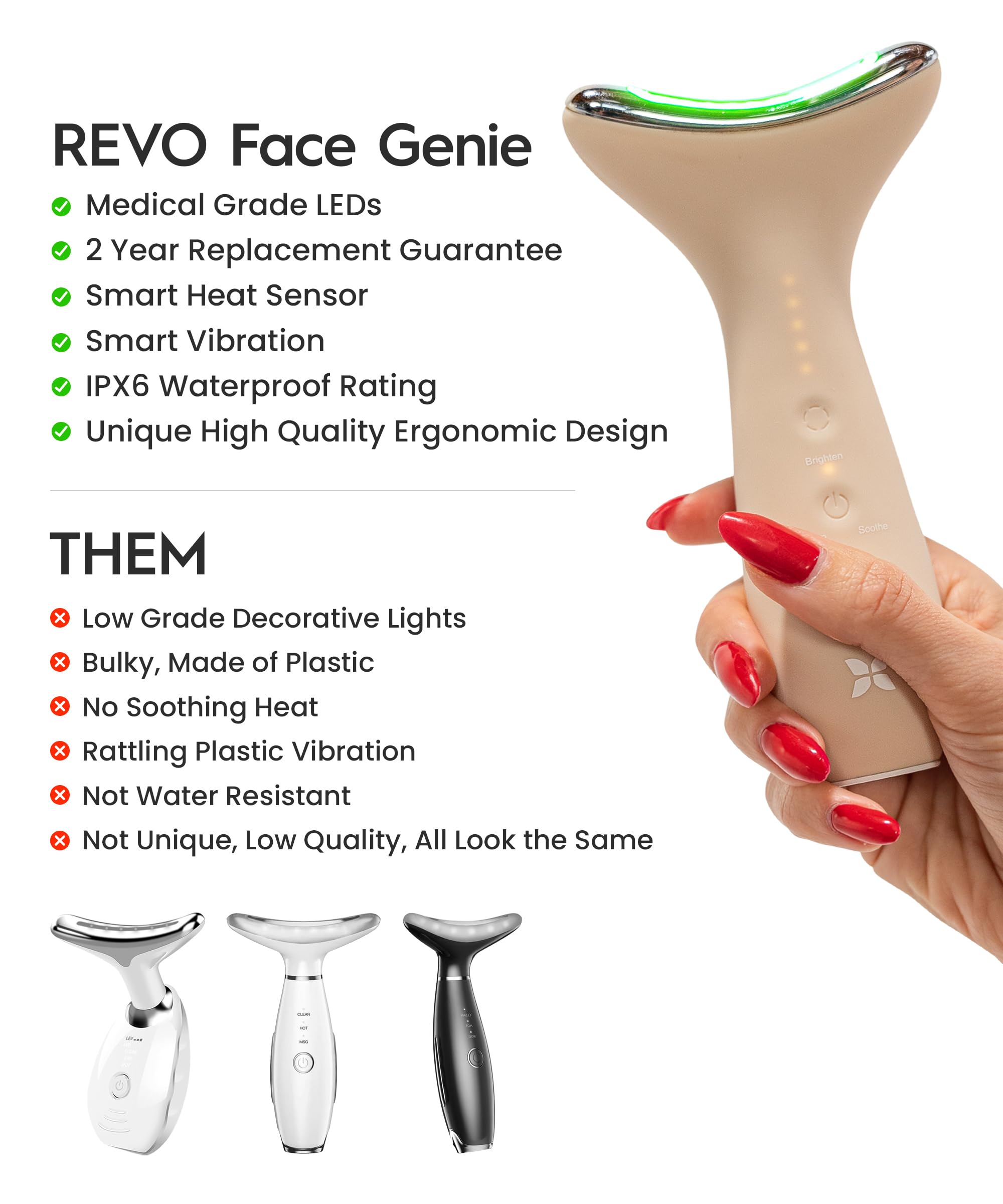 REVO Genie | 3-in-1 Face & Neck Beauty Massager with Heat, 3 Light Therapies, Smart Vibration | Powerful Red Light, Blue Light, and Green Light Therapy for Wrinkles, Hyperpigmentation, Acne & More