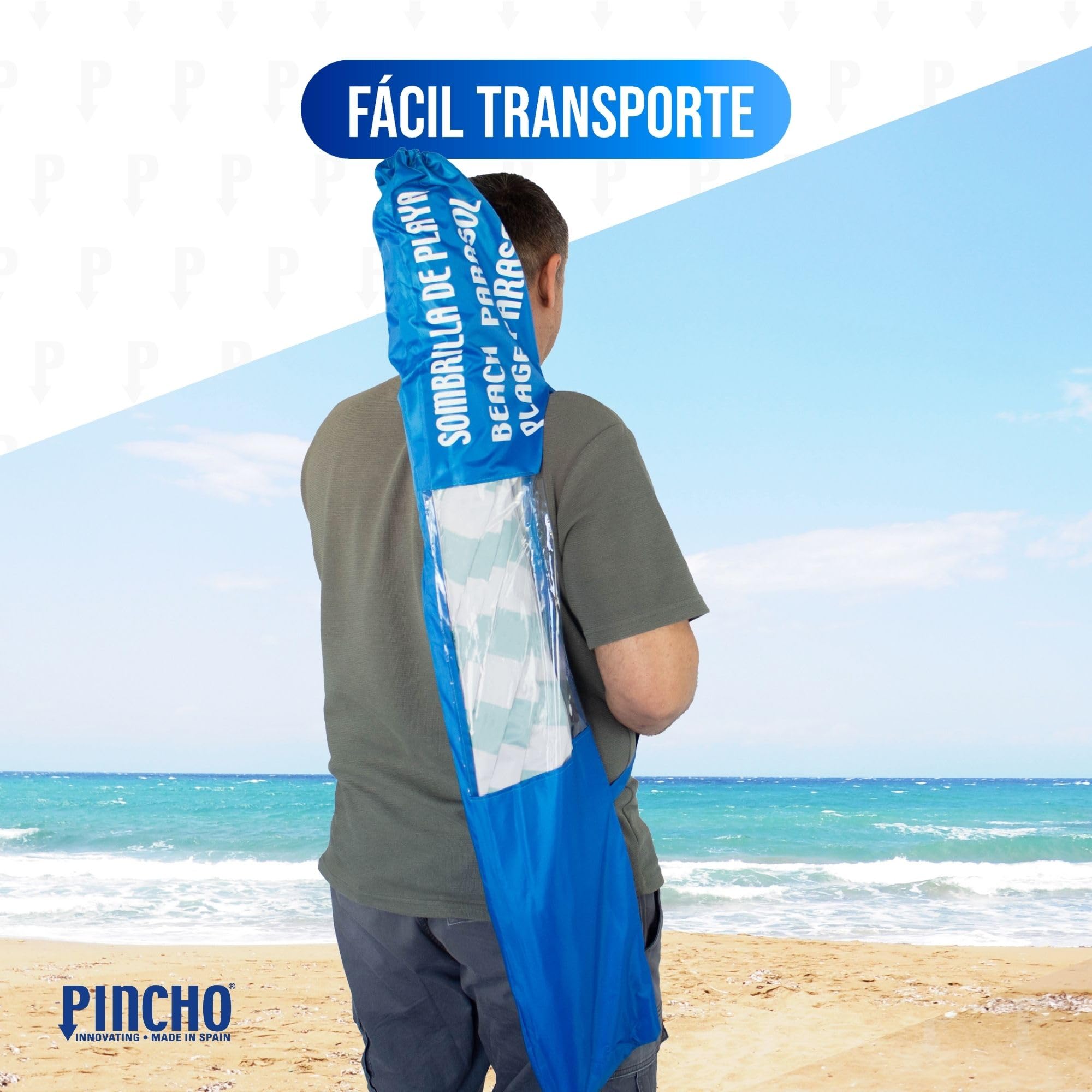 Fodero Ombrellone da Spiaggia - PINCHO - Sacca x Ombrellone, Porta Ombrellone da Spiaggia, Borsa Trasporto Resistente Impermeabile con Manico e Finestra Trasparente - Blu 117x25 cm, fino a 240 cm