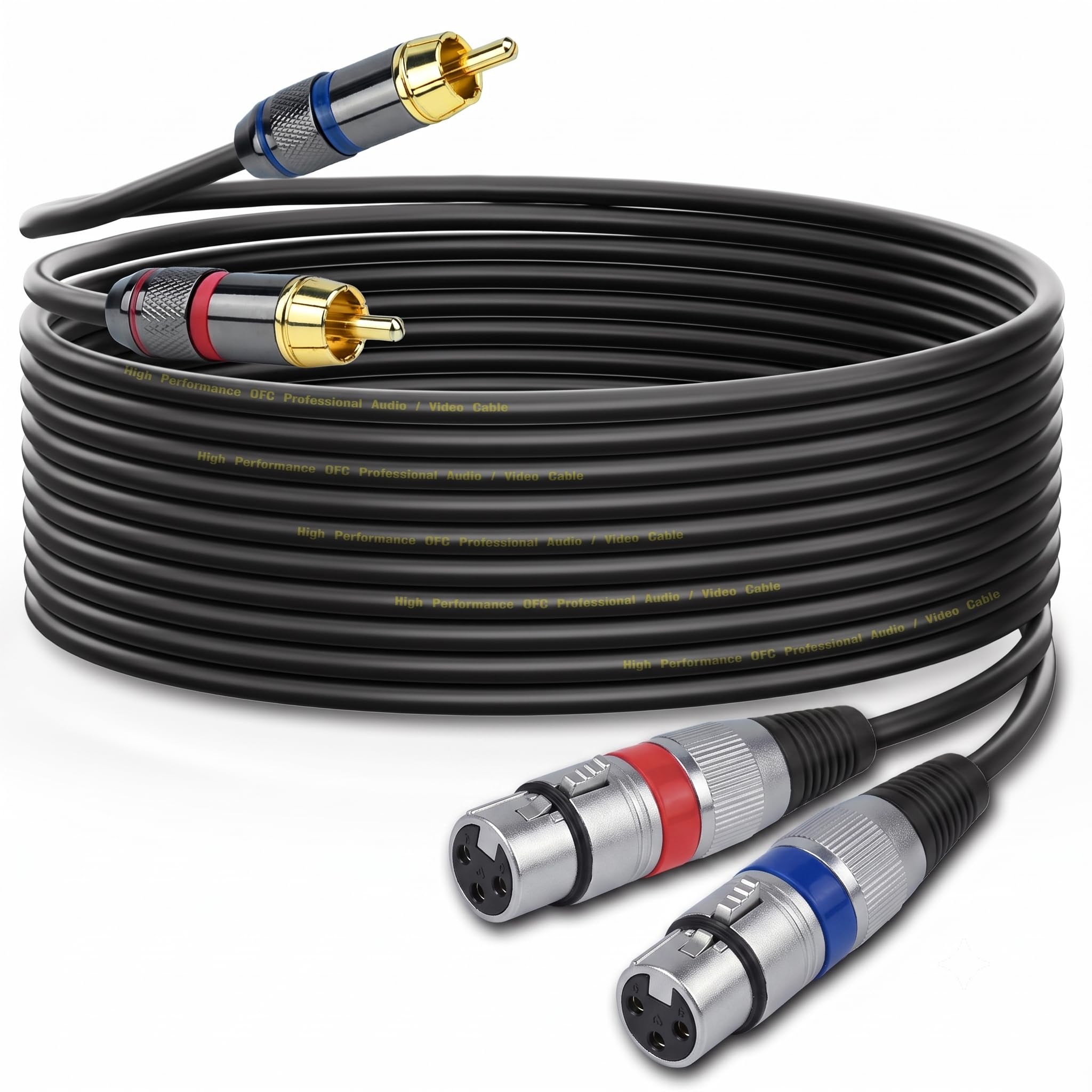 Dual-XLR-Buchse auf Dual-Cinch-Stecker, 3 m, symmetrisches 3-poliges XLRF auf unsymmetrisches Cinch-Lautsprecherkabel, vergoldet, OFC-geschirmt, geräuschfrei, für Mischpult, Subwoofer,