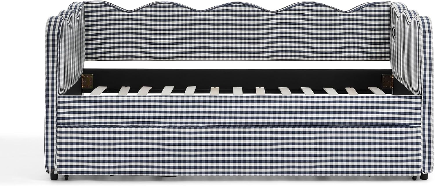 Cozy Gingham Daybed with Adorable Wave Shaped Linen Fabric, Trundle Twin Size Sofa Bed, Equipped with USB Ports and Brackets, Safe and Practical (Navy)