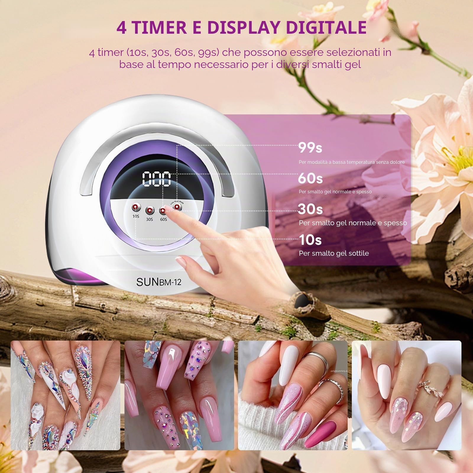 Lampada per unghie UV LED da 300 W, asciuga unghie professionale, smalto gel, luce UV per unghie con 72 perline, 4 impostazioni timer, sensore automatico, display LCD
