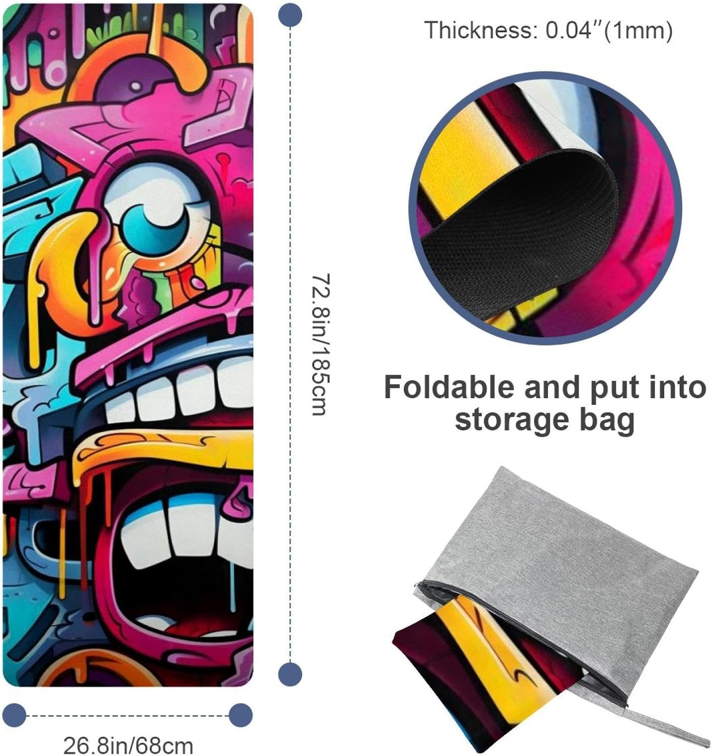 Yoga Towel, Colorful Graffiti Pattern Non Slip Sweat Absorbent Hot Yoga Mat Towel for Hot Yoga, Pilates and Fitness - 72.8" x 26.8"