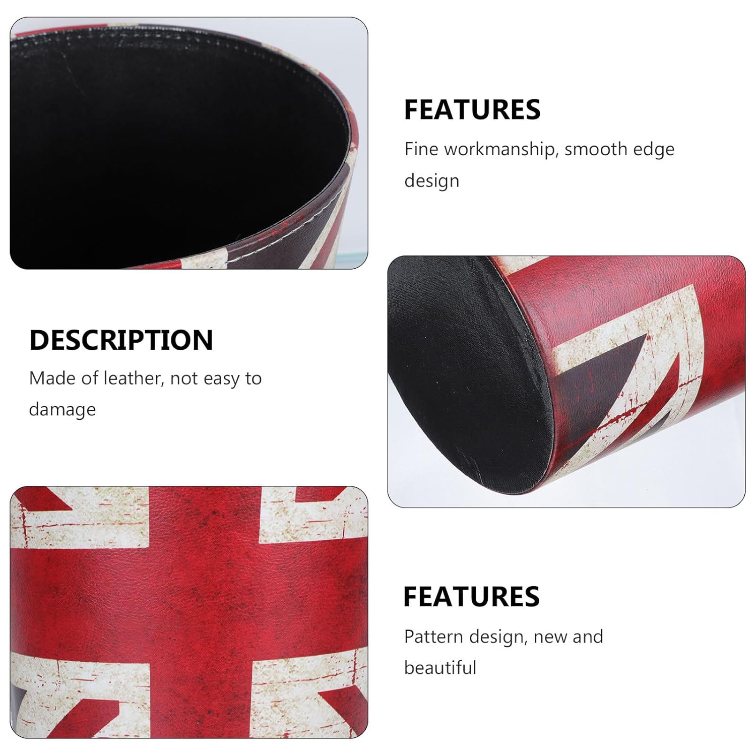 European Style Leather Waste Container Basket Large Retro Trash Can Home Storage Bin for Office and Bedroom, Open Top Vintage Paper Recycling Bin,