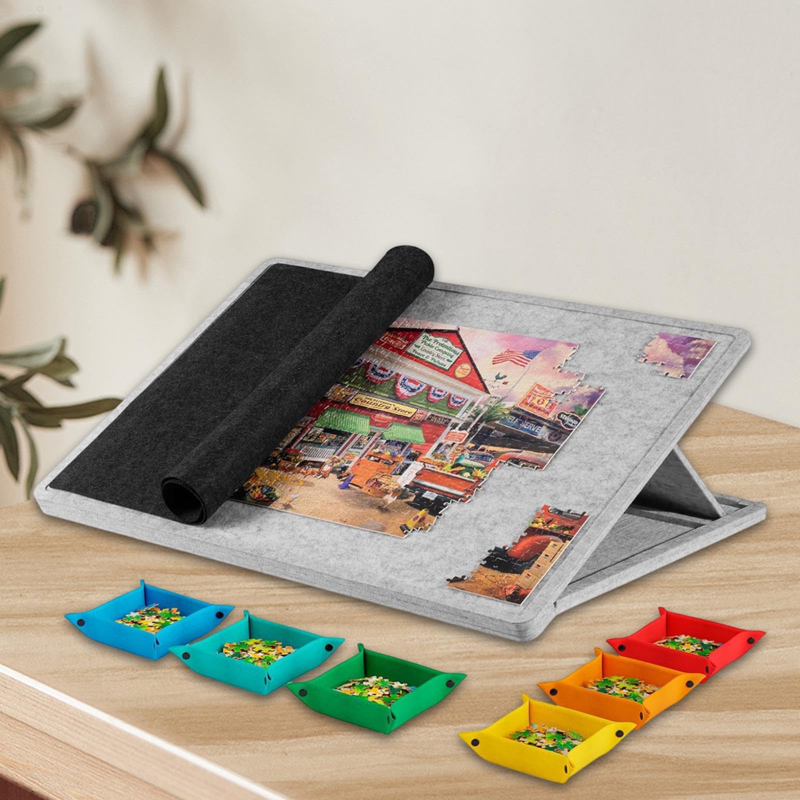 Tablero de Rompecabezas con Inclinable Mesa de Juego con Soporte de Montaje Y Superficie de Fieltro Ajustable Adecuado para Regalar a Hombr, Gris Claro