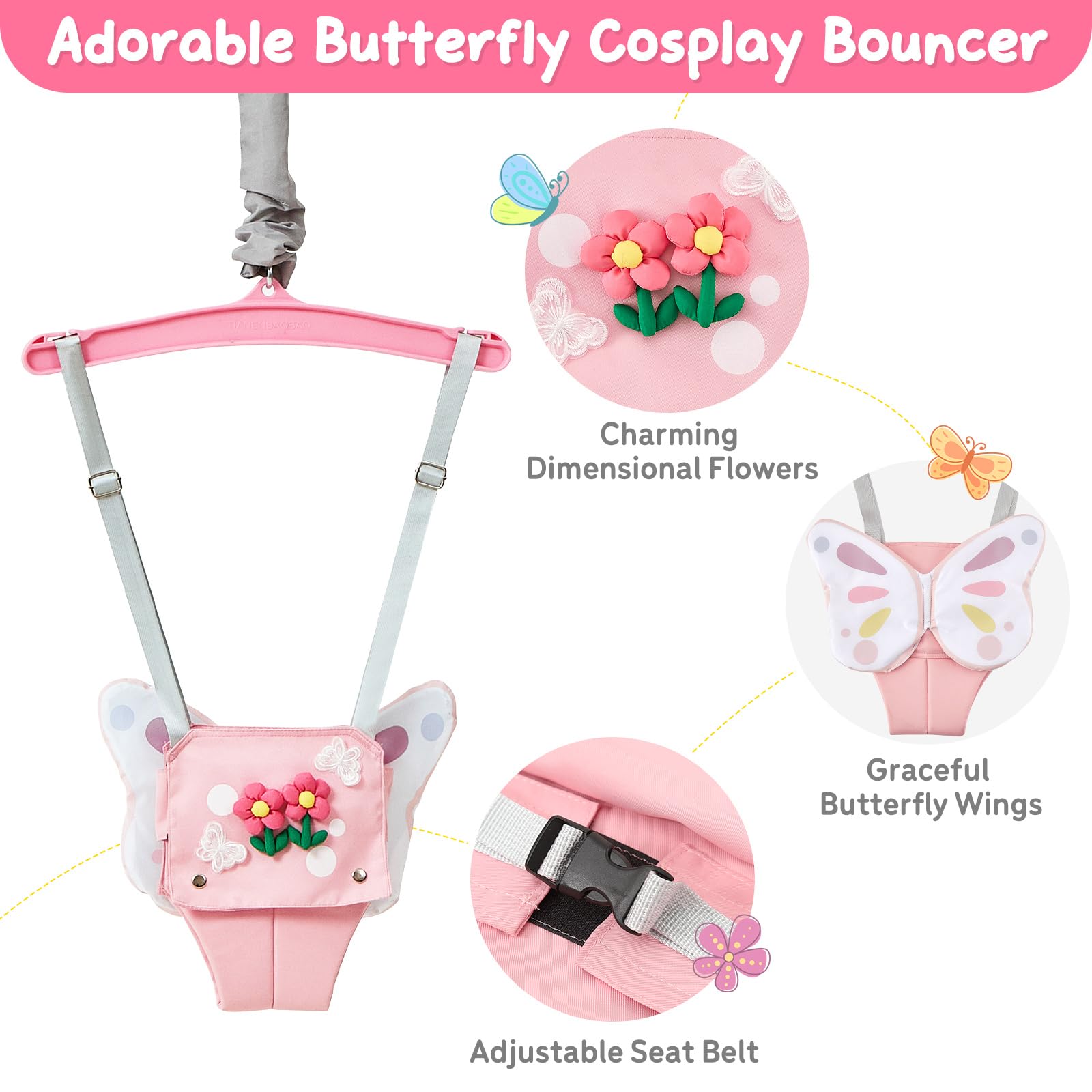 FUNLIO Baby-Hüpfsitz mit Ständer für 6–24 Monate, verstellbare Kette, Rosa Schmetterling