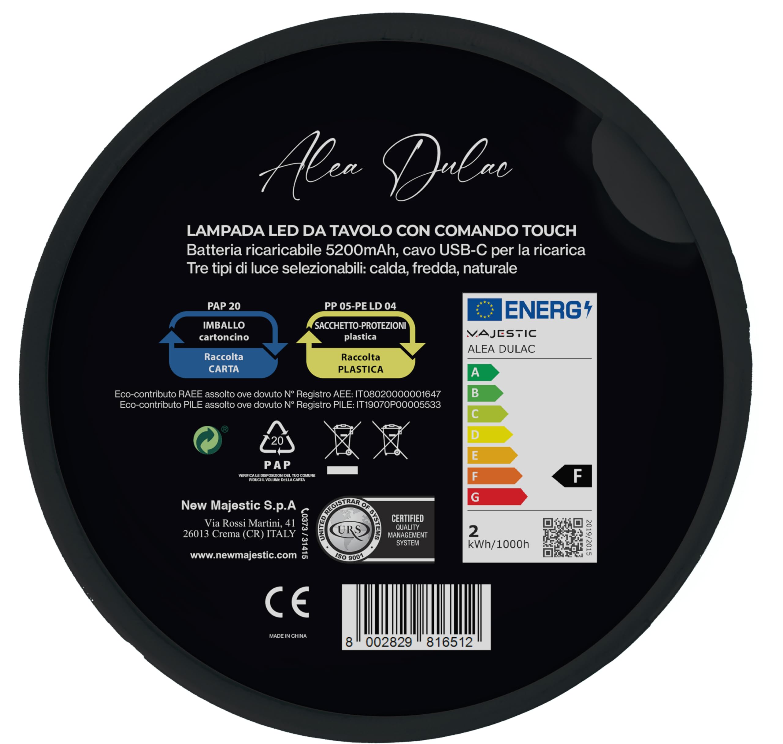 Majestic ALEA DULAC JW - Lampada da tavolo LED senza fili ricaricabile, per interni ed esterni, H37cm, confezione regalo riutilizzabile, design registrato Geisha