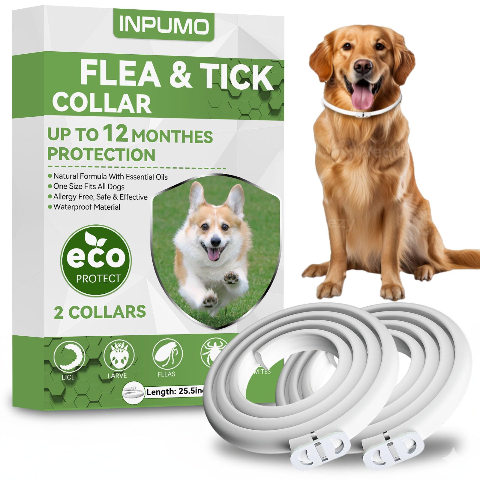 Inpumo Collar Antiparasitario para Perros, Collar Antipulgas y Garrapatas Fórmula Natural Segura, Impermeable, Ajustable, Protección de 12 Meses, Apto para Todos los Tamaños (2 Pack)
