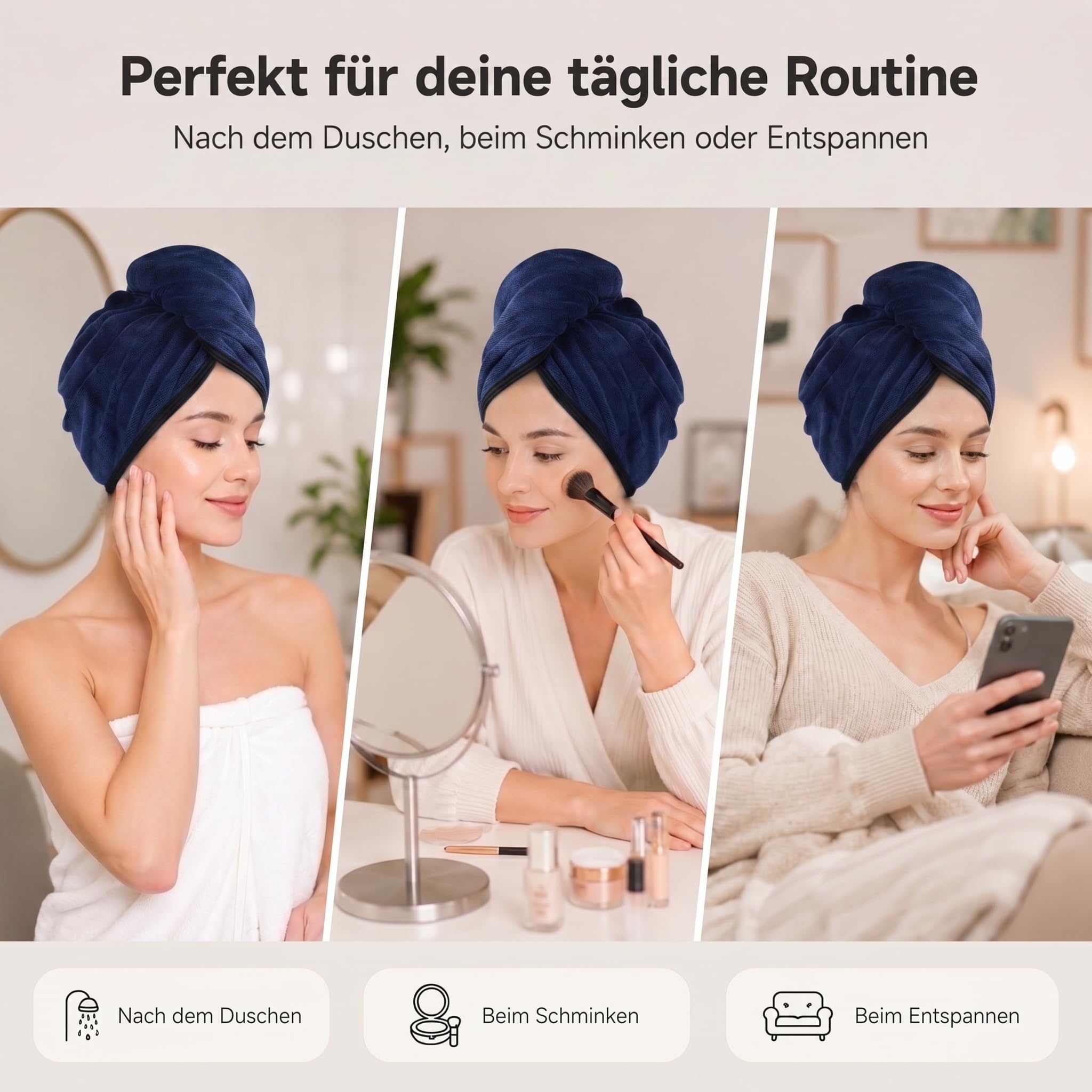 KinHwa Haarhandtuch Mikrofaser 2er Set 30x70 cm – Extra weicher Haarturban mit Knopf für Lange Haare – Verkürzt die Föhnzeit & reduziert Frizz – Saugstarkes Hair Towel für Damen-Dunkelblau