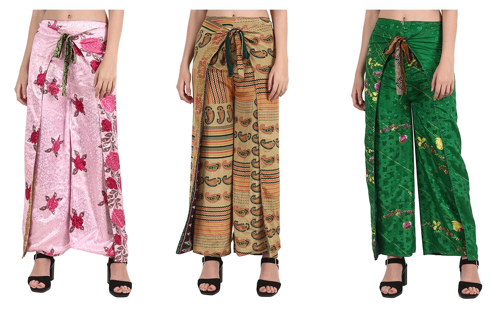 Maple ClothingWomen's Beach Palazzo Pants Boho Split Wide Leg Vintage Sari Beach Cover Up Hippie Reversible Wrap Yoga Casual