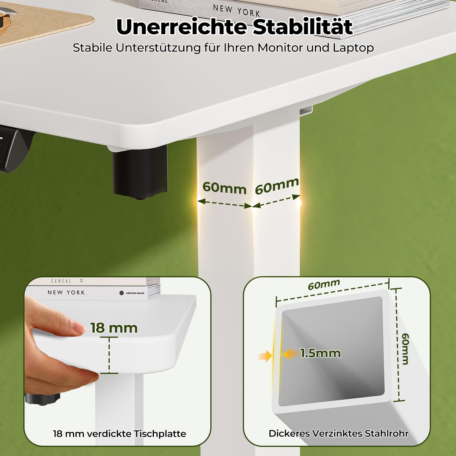 Gibbon Mounts 88x50cm Kleiner höhenverstellbarer Schreibtisch mit Rollen | Mobiler elektrischer Computertisch mit weißer einteiliger Tischplatte & 4 feststellbaren Räder, für kleine Wohnbereiche