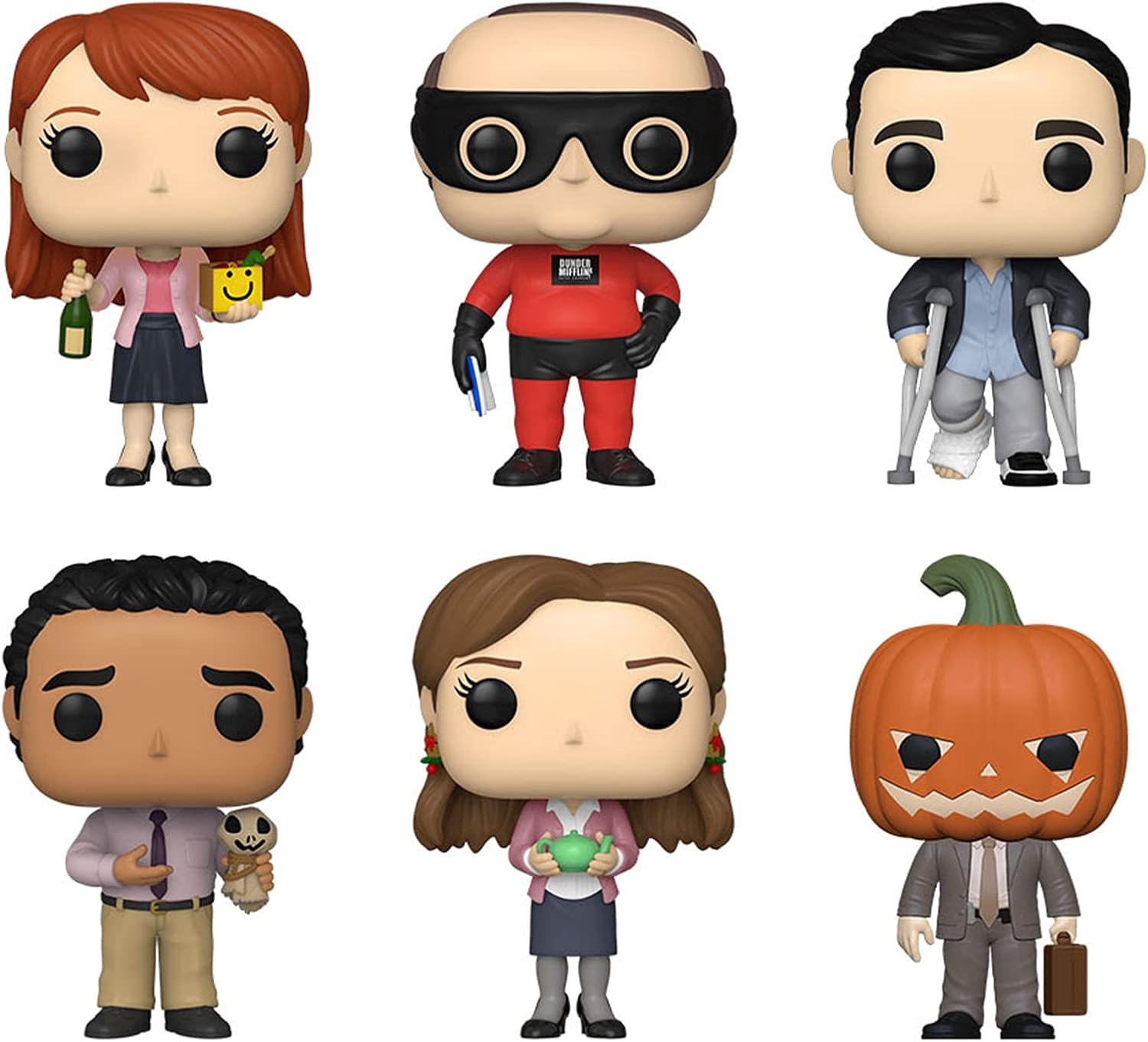 Funko Pop! TV The Office - Juego de 6 unidades, Dwight con calabaza, Erin, Kevin Superhero, Michael con muletas, Oscar con muñeca espantapájaros y Pam con tetera