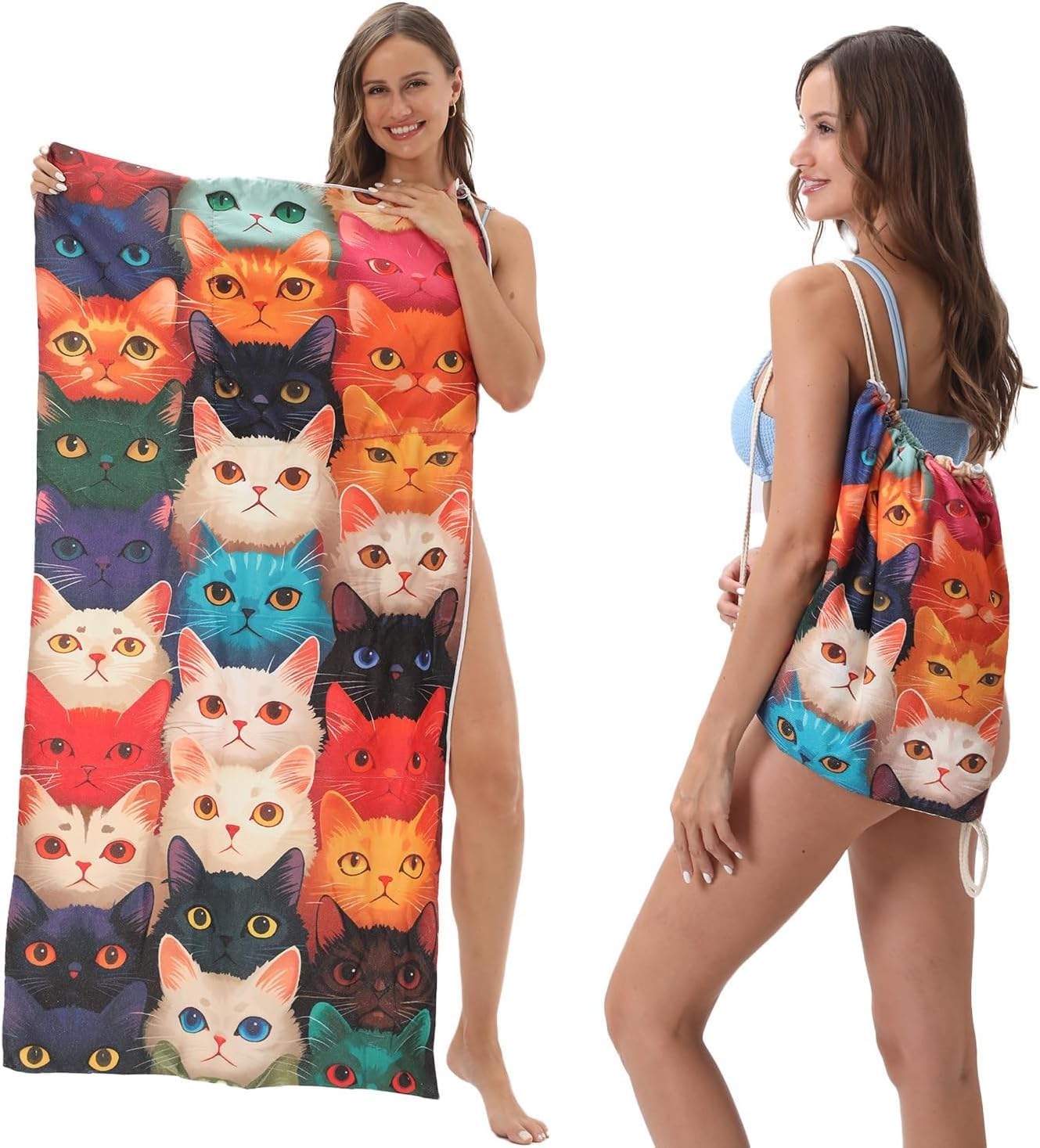 FWJZDSP 2 in 1 Packable Towel Bag for Women- Summer Tropical Beach Blanket Backpack Green Travel Picnic Towel for Family Holiday Camping (Cat)