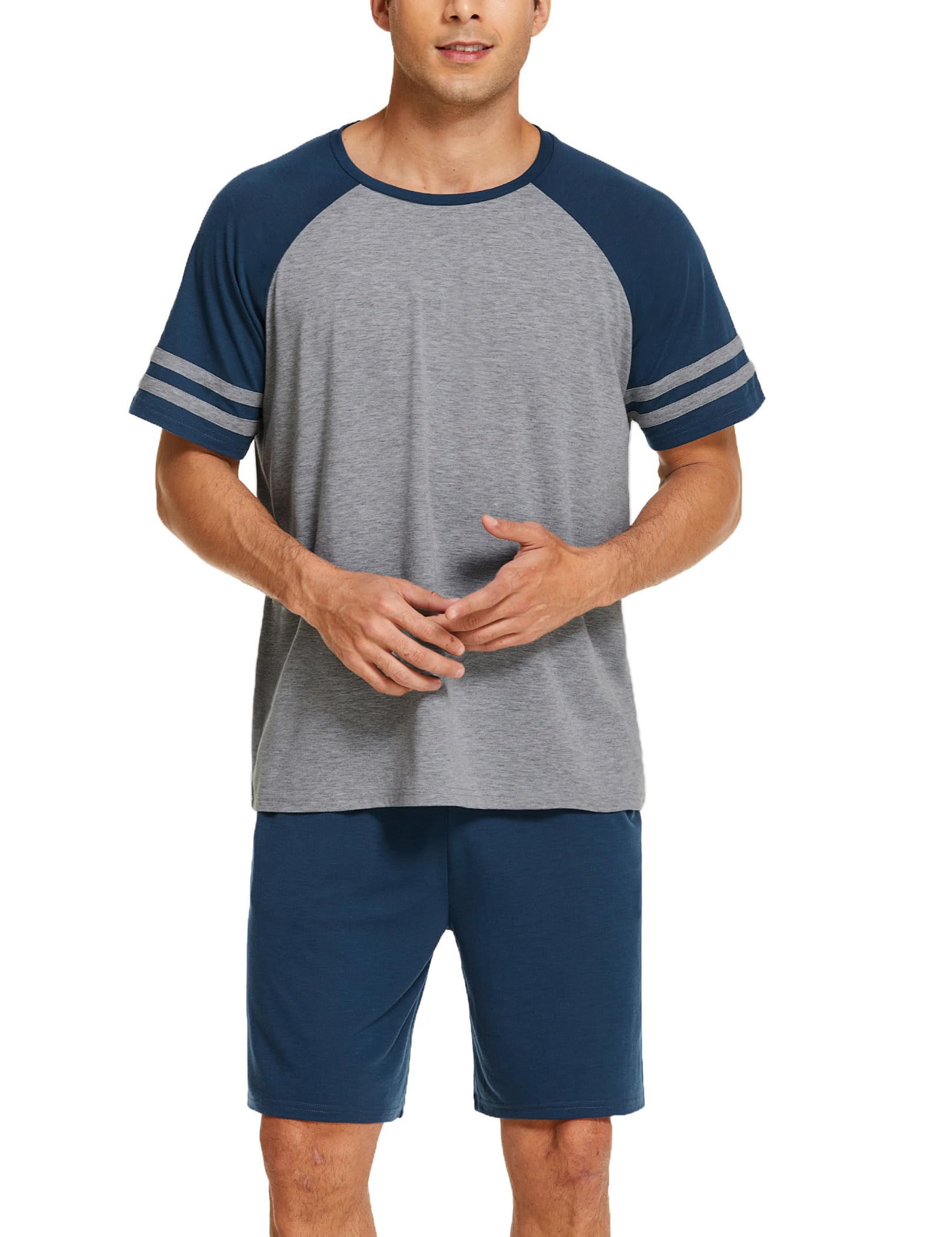 Ekouaer Herren Schlafanzug Kurz Pyjama Kurzarm Sommer T-Shirt und Shorts Zweiteilig Set S-XXL