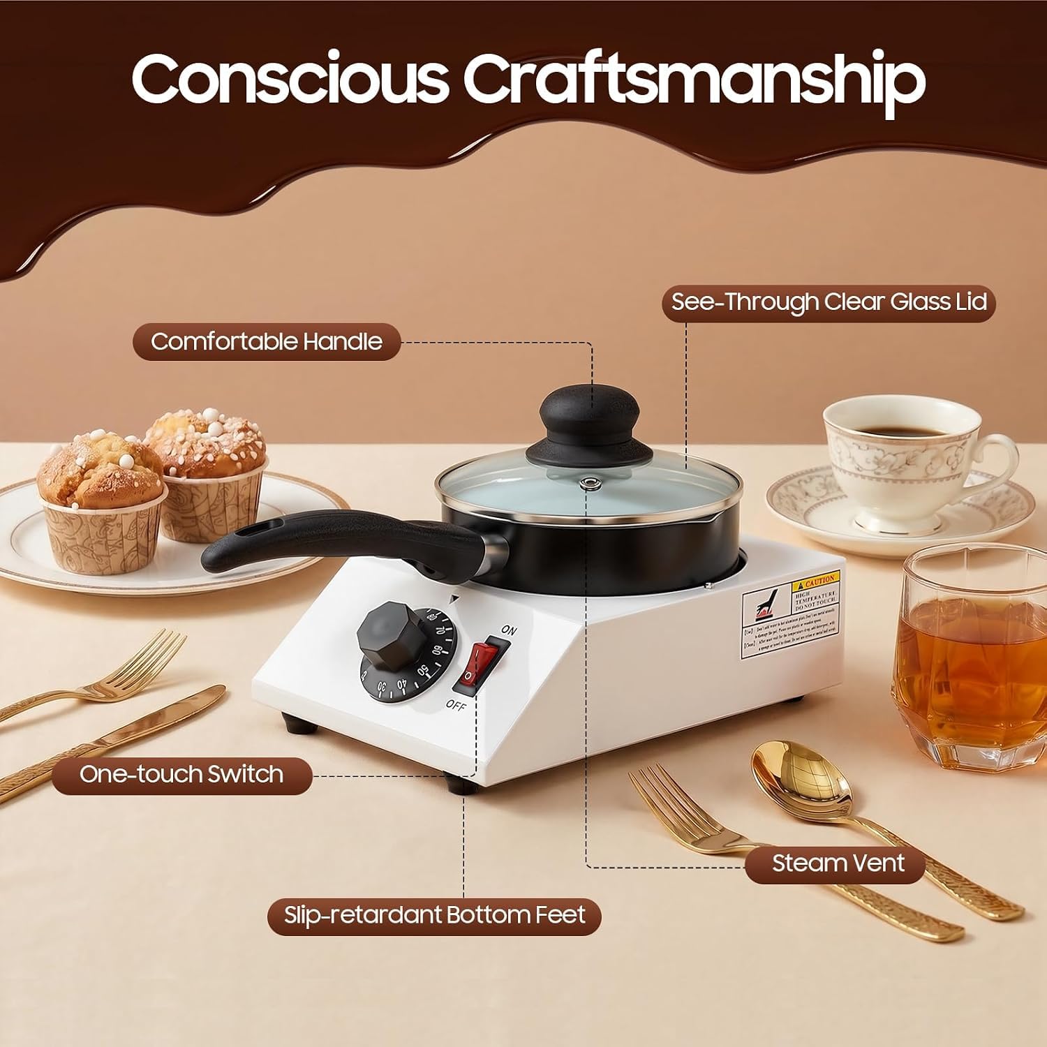 Fontana di Cioccolato con Interruttore a gravità, Pentola Ceramica Antiaderente, Acciaio Inox 304, Lavabile in Lavastoviglie, Alimentazione Flessibile per Feste e Uso Commerciale,Single-Cylinder