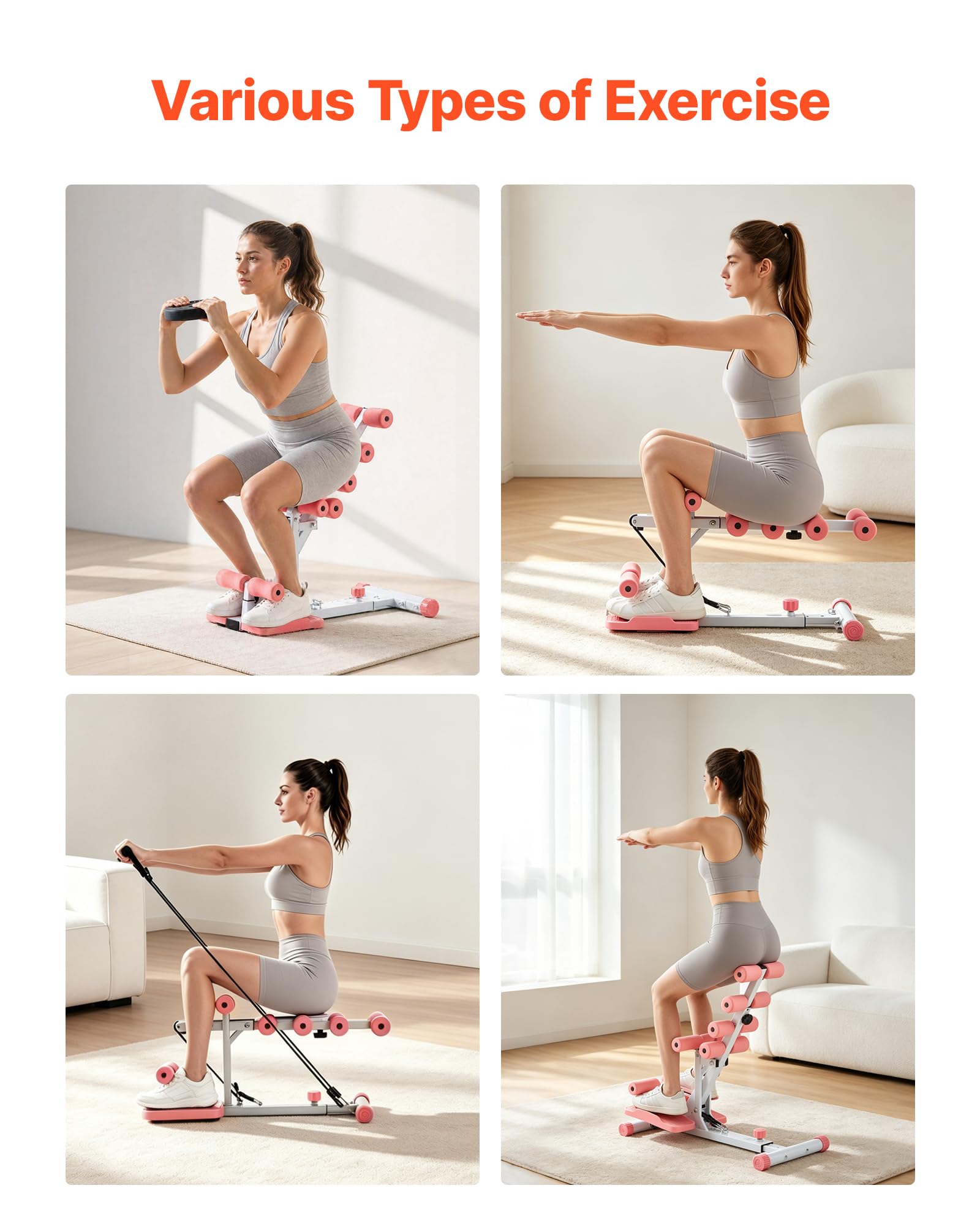 VEVOR Macchina per Squat Profondi Carico 136 kg Fitness Allenamento Casa, Allenatore per Glutei Regolabile con 3 Bande Elastiche Attrezzatura Pieghevole per Core da Palestra Domestica, Rosa e Bianco