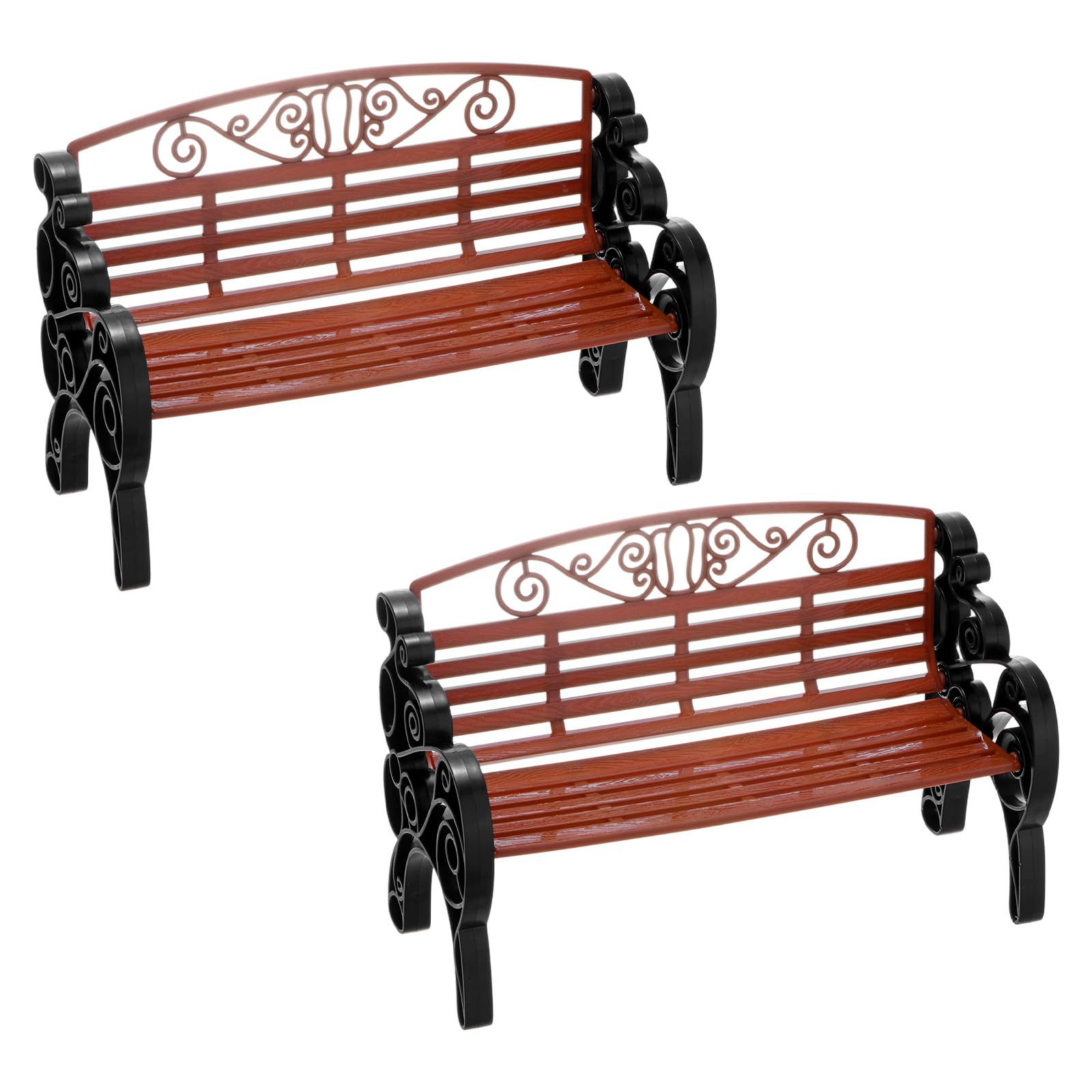 M METERXITY 2-Pack Miniature Park Bench Models, 8.7x3.5x5.5 Inch ABS Mini Garden Chair Furniture for Fairy Garden/DIY Micro Landscaping/Dollhouse, European Style Bench Toys [Brown-Black]