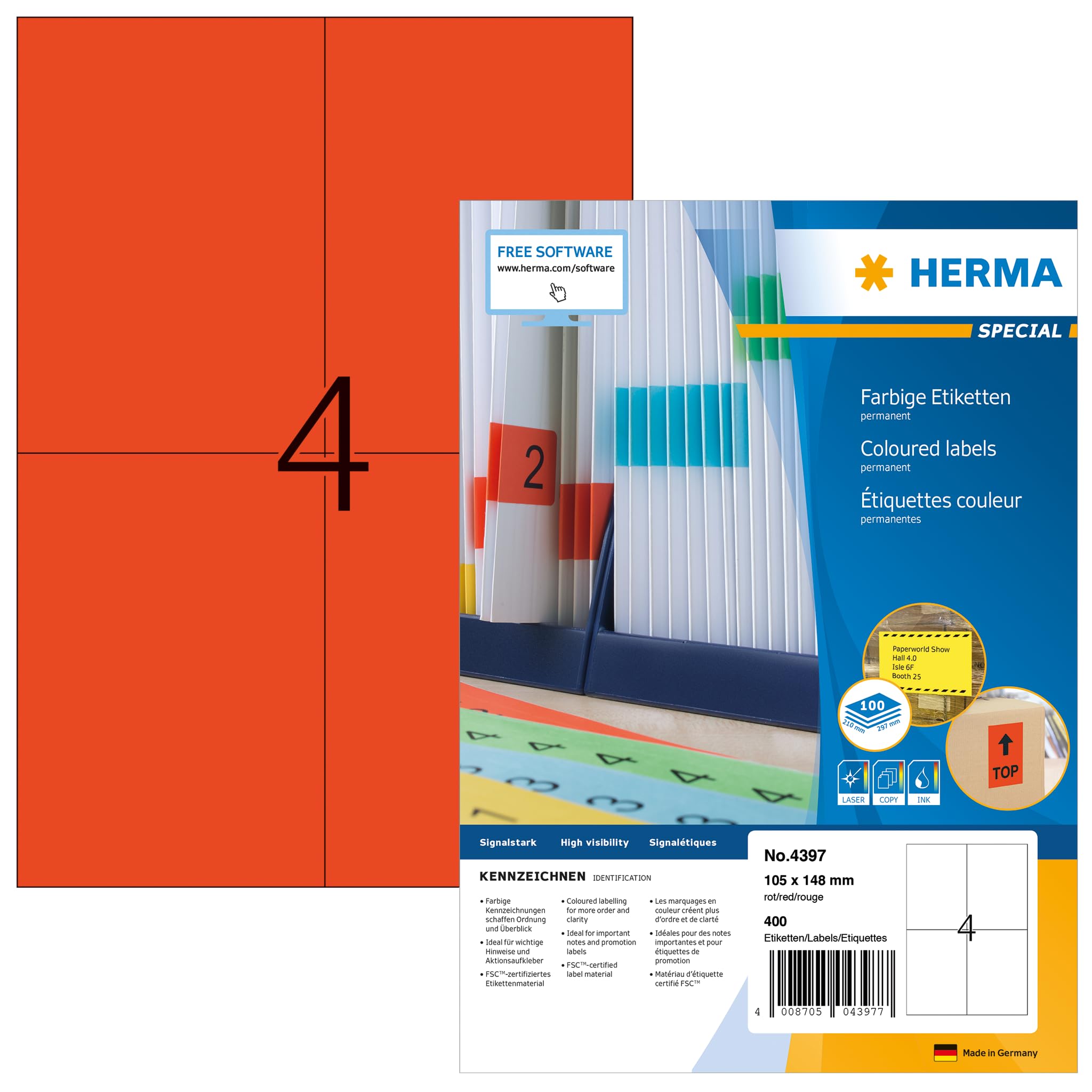 HERMA Self Adhesive Coloured Labels, 4 Labels per A4 Sheet, 100 Sheets, 105 x 148 mm, 400 Labels, Blank Colour Labels Stickers, Sticky Labels for Laser & Inkjet Printer, Red
