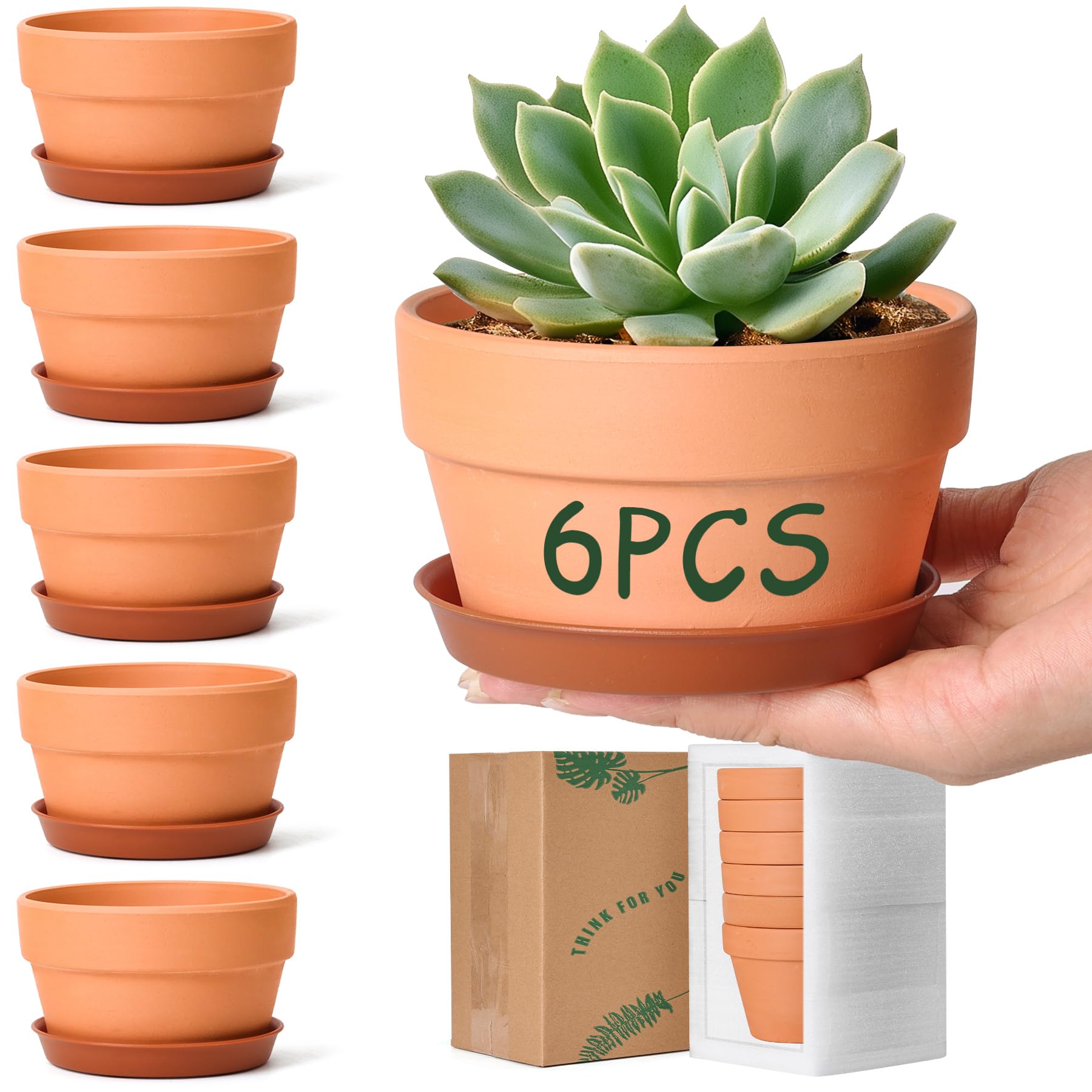 T4U 4 Inch Shallow Terracotta Pots 6 Pack