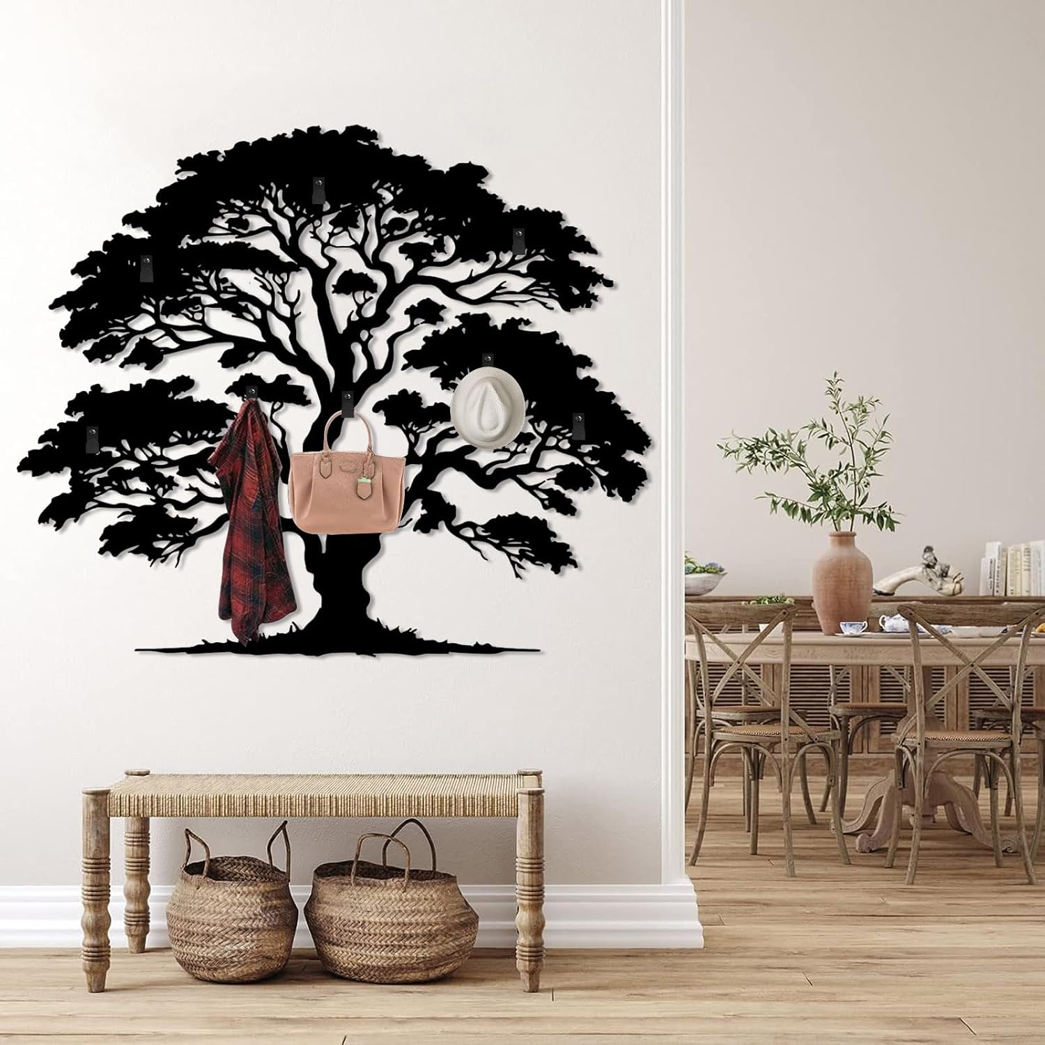 Tree Coat Rack Wall Mount, Metal Tree of Life Wall Decor, Clothes Hooks for Wall, Key Holder Wall Mounted, Metal Coat Rack for Living Room, Bathroom (Black, 39"x47"|100x120cm)