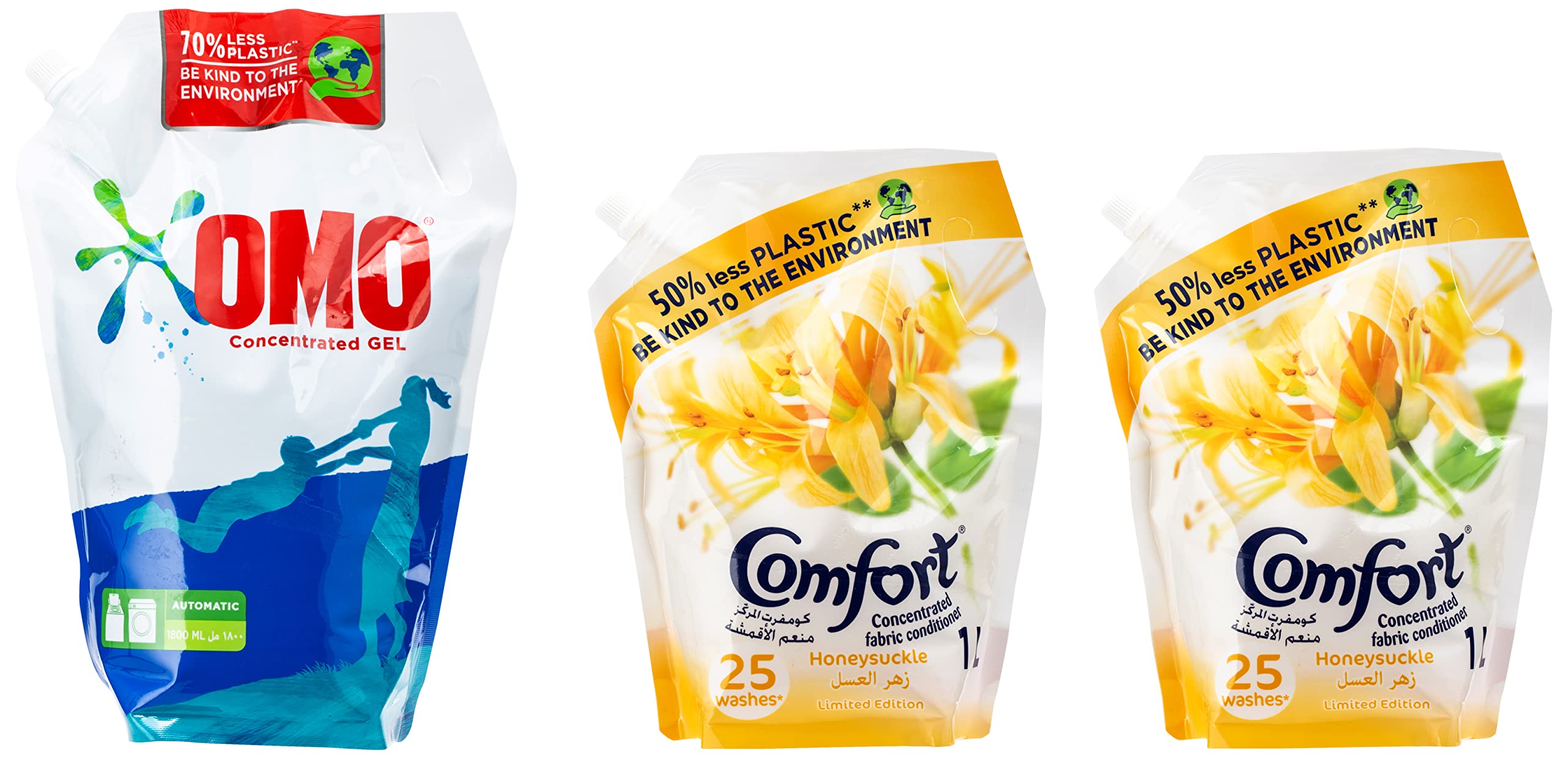 Comfort Concentrated Fabric Conditioner Honey Suckle, 1L Pouch (Pack of 2) + OMO Liquid Detergent Pouch 1.8L