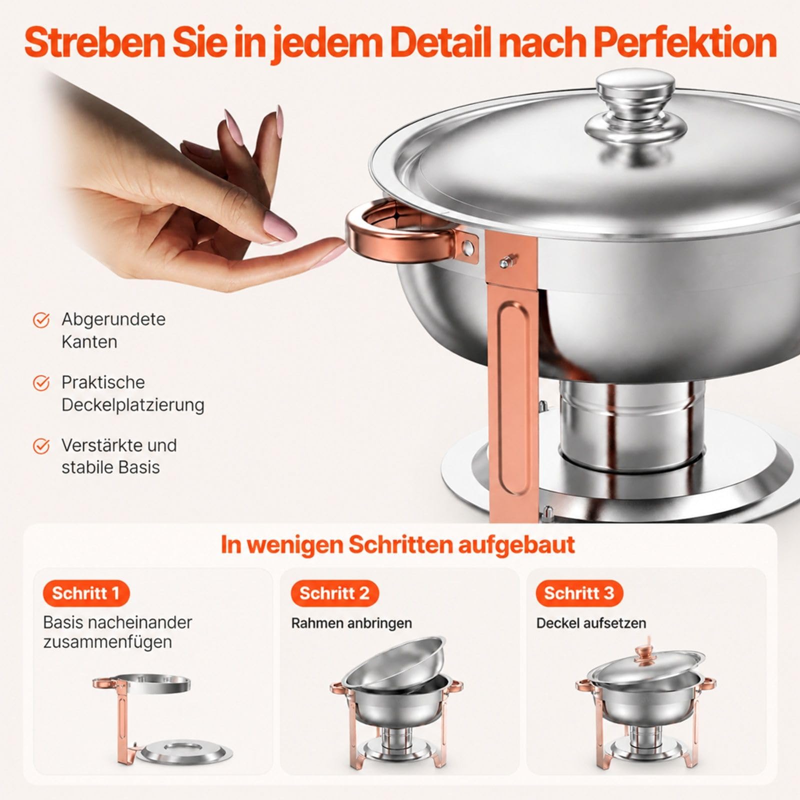 Chafing Dish Set aus Edelstahl, 4 Stück 4,7 L in Roségold mit Deckel für Buffet und Catering