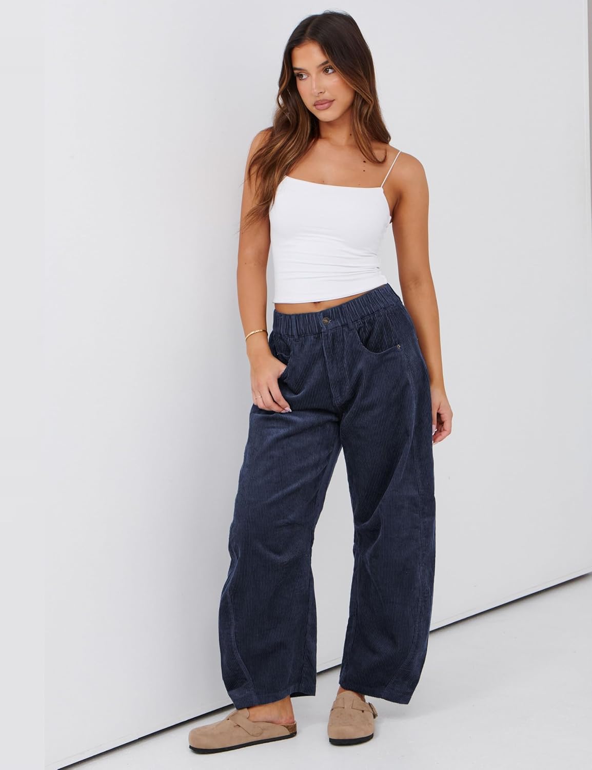 Lviefent Womens Mid Rise Cord Barrel Jeans Casual Baggy Wide Leg Corduroy Cropped Ankle Pants with Pockets image 3