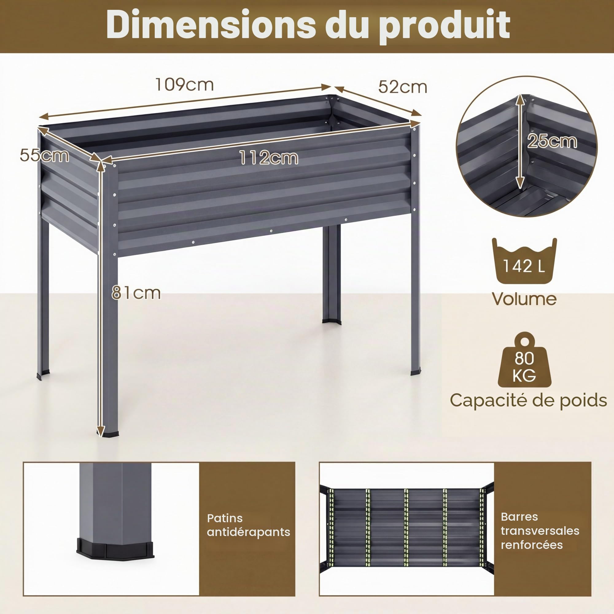 HOMASIS Jardiniere sur Pieds en Métal 142L, Potager Surélevé avec Trou de Drainage, Patins Antidérapants&Barres Renforcées, Table de Culture pour Légumes&Fleurs, Jardin&Balcon, 112x55x152cm (Gris)