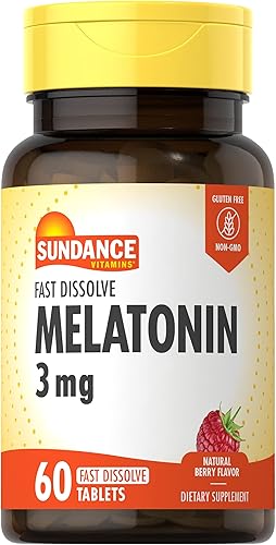 Melatonina 3 mg de disolución rápida 60 tabletas vegetarianas Sabor natural de bayas Suplemento vegetariano, sin OMG y sin gluten por Sundance