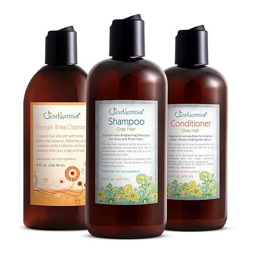 Miniatura 1 de Just Nutritive Kit de cabello gris  Champú para cabello gris de 16 onzas, acondicionador de cabello gris de 16 onzas y limpiador de enjuague de