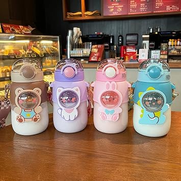 Kawaii Bear Water Bottle with Straw and Shoulder Strap, 25oz Cute Large Capacity Portable Water Bottles with 3D Stickers for Girls, School (Brown)