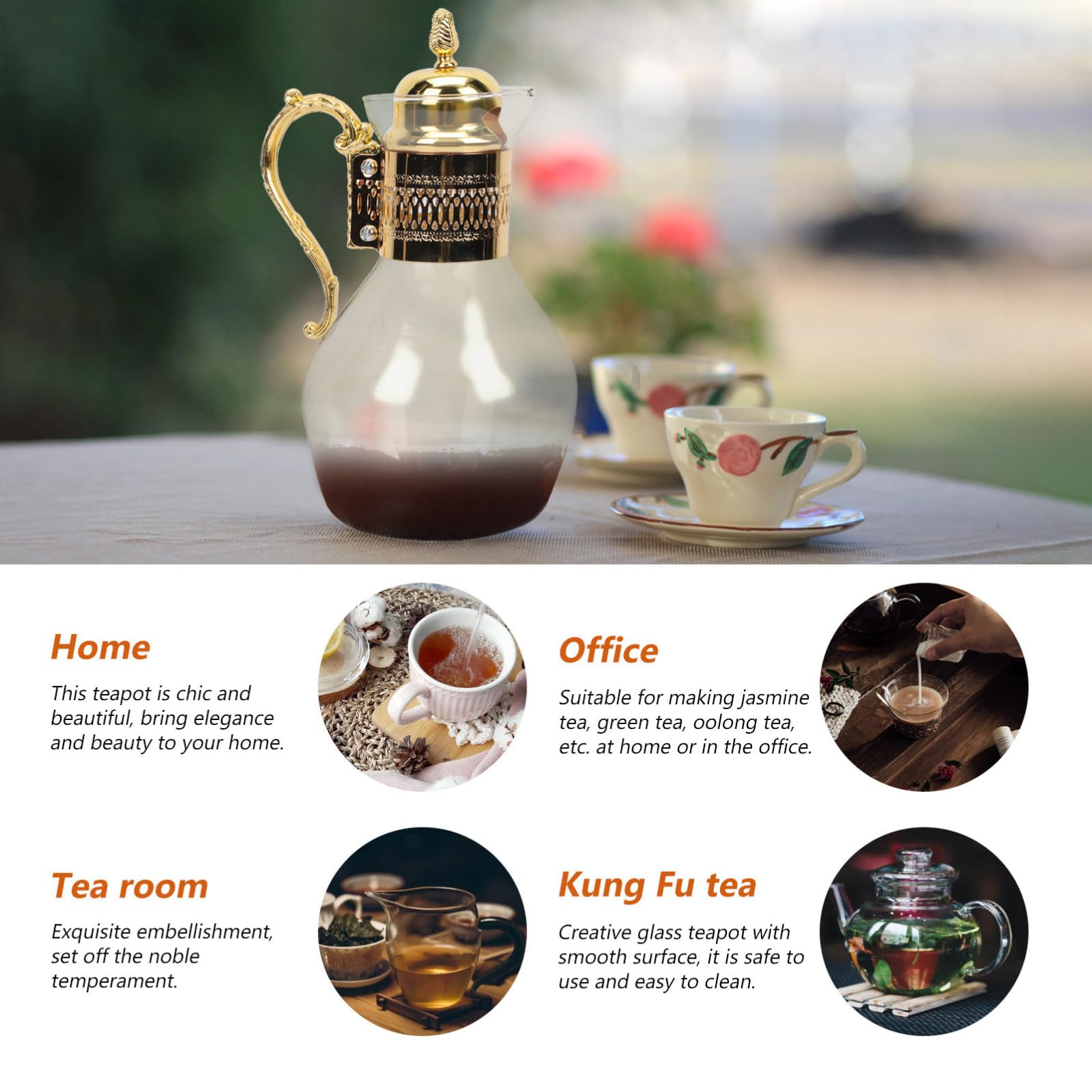 STOBAZA Bollitore in Vetro Europeo per Caffè e Tè Teiera da Pomeriggio in Vetro e Lega di Zinco Design Elegante con Manico Ergonomico Resistente e Sicuro Oro
