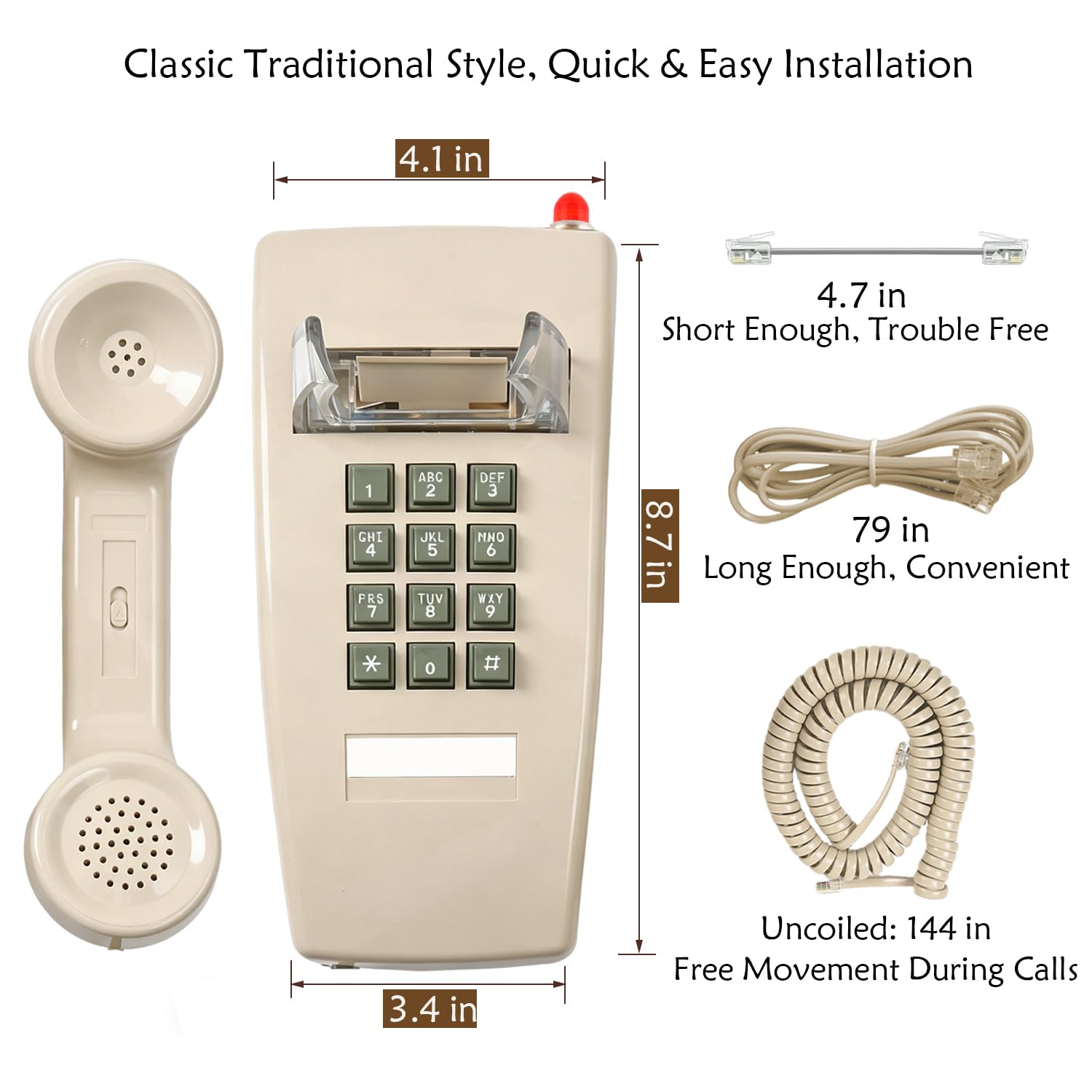 Teléfonos de Pared clásicos para teléfono Fijo con Timbre mecánico, teléfono de Pared de una Sola línea 2554 con indicador de Correo de Voz, teléfono Retro montado en la Pared Impermeable, teléfono