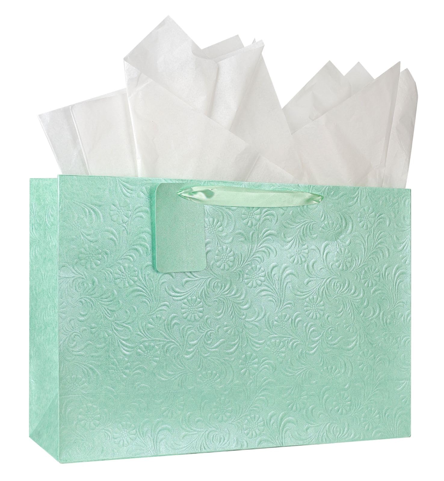 Kidsy Winsy Pack Of 5 Pastel Mint Gift Bags (Large, 16 * 5 * 11 Inches) With Tissue & Thank You Card - Paper Gift Bag | Return Gift Bags For Pooja, Baby Shower, Festive Gifting, Birthday, Wedding