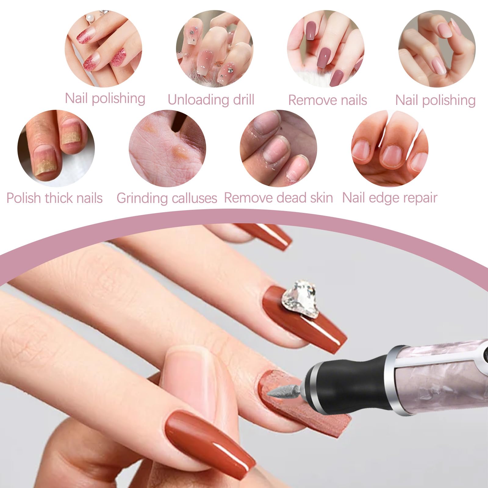 Torno Para Uñas Profesional Con 12 Cabezales Pulidores, 6 Granos, 4 Velocidades Ajustables, Carga Sin Cable, Limador De Uñas Electrico Para Uñas De Manos Y Pies, Quita Gel, Pedicura Y Manicura