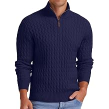 Askdeer Mens Quarter Zip Pullover Sweater Cable Knit Mock Neck Polo Sweater Classic Casual Sweater with Ribbing Edge
