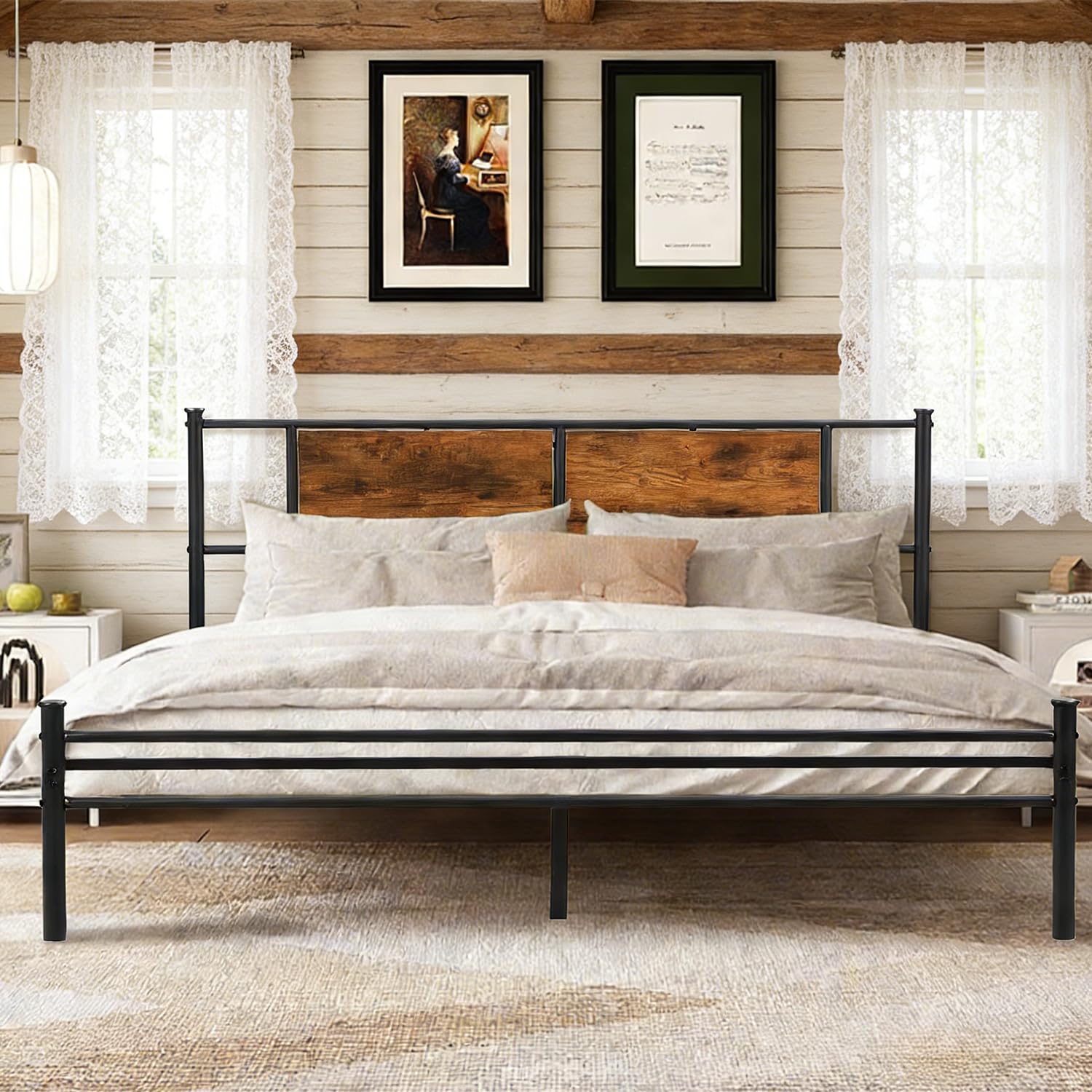 King Bed Frame with Wood Headboard Metal Platform Bed Frames King Size Heavy Duty Mattress Foundation Strong Slats